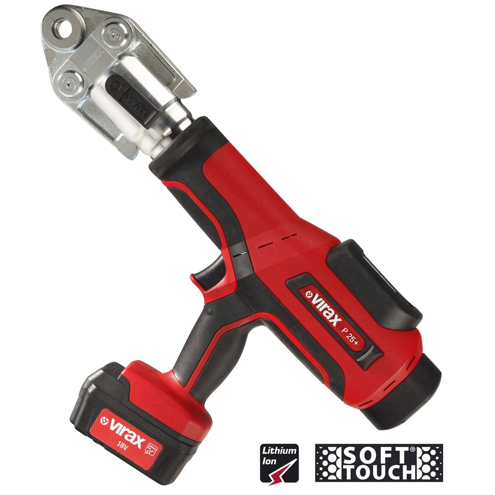 Ein rot-schwarzer, batteriebetriebener hydraulischer Crimpwerkzeug von Virax mit weichem Griffbelag und Lithium-Ionen-Akku.