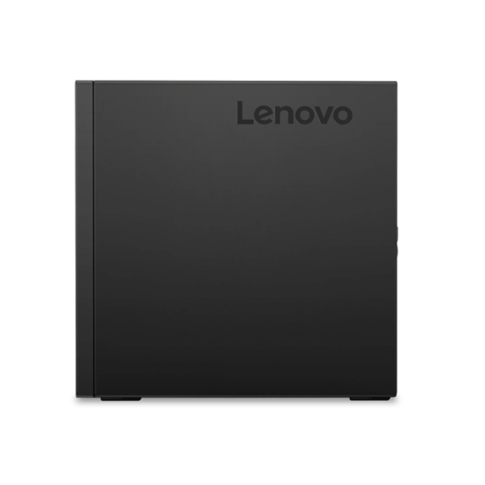 Schwarzer Lenovo-Desktop-Tower mit einer schlichten Frontplatte, vor weißem Hintergrund dargestellt.