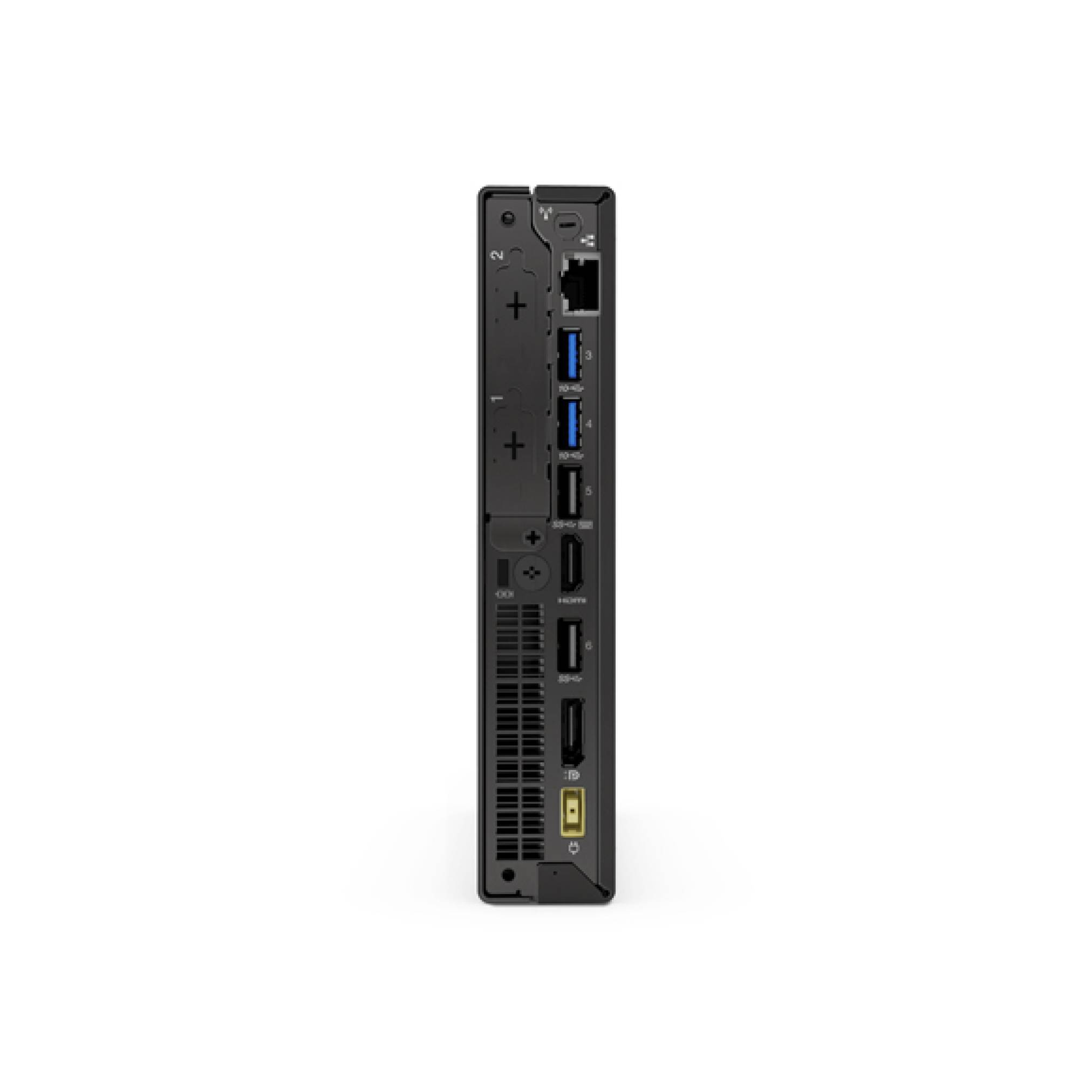 Rückansicht eines kompakten Desktop-PCs mit Stromversorgungs-, USB-, Ethernet-, Video- und Audioanschlüssen auf einem schwarzen Backpanel.