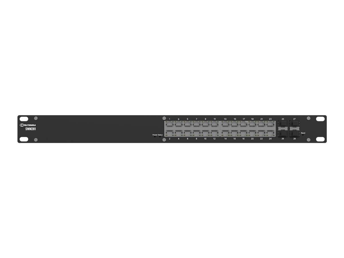 27-Port-Netzwerk-Switch mit LEDs, beschrifteten Anschlüssen und Stromversorgungsanzeige auf der rechten Seite, konzipiert für die Verwaltung der Ethernet-Konnektivität.