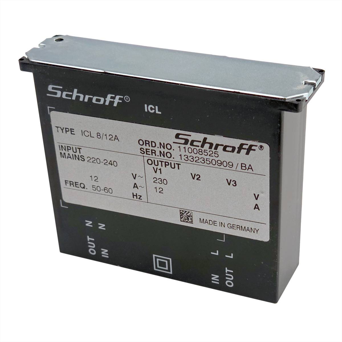 Schwarzes Schroff ICL-Stromversorgungsmodul mit der Bezeichnung „Typ ICL 8/12A