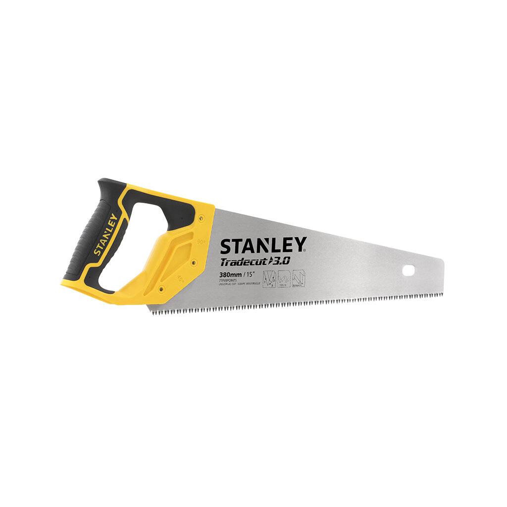 Stanley-Handsäge mit schwarz-gelbem Griff und 380 mm Klinge auf weißem Hintergrund.