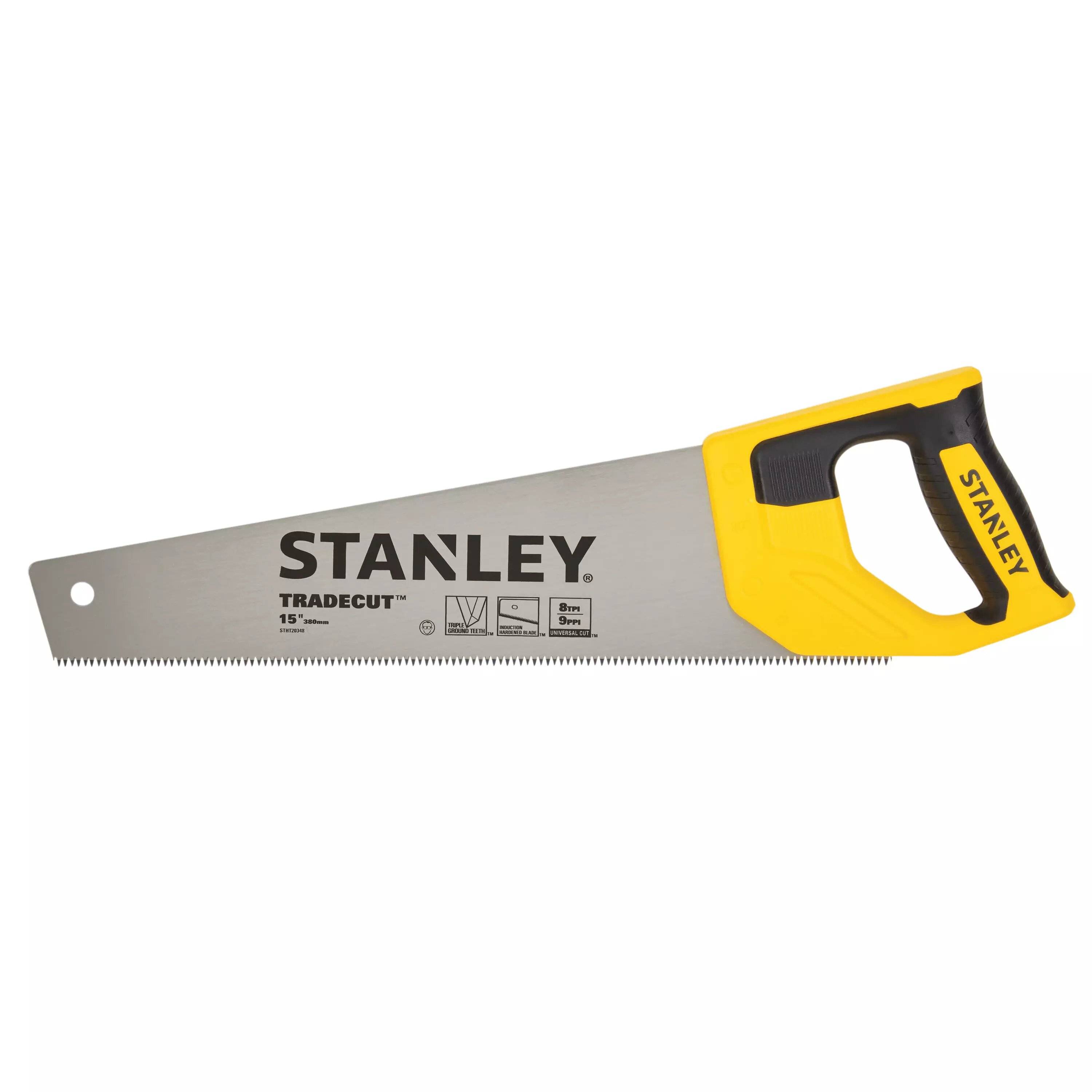 Stanley TradeCut Handsäge mit gelb-schwarzem Griff, auf weißem Hintergrund abgebildet.