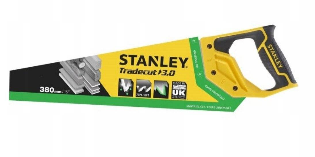 Verpackung für eine STANLEY 'Tradecut 3.0' Handsäge mit einem 380 mm, 15 ZPI universell schneidende/Schnitt reversible Blatt.