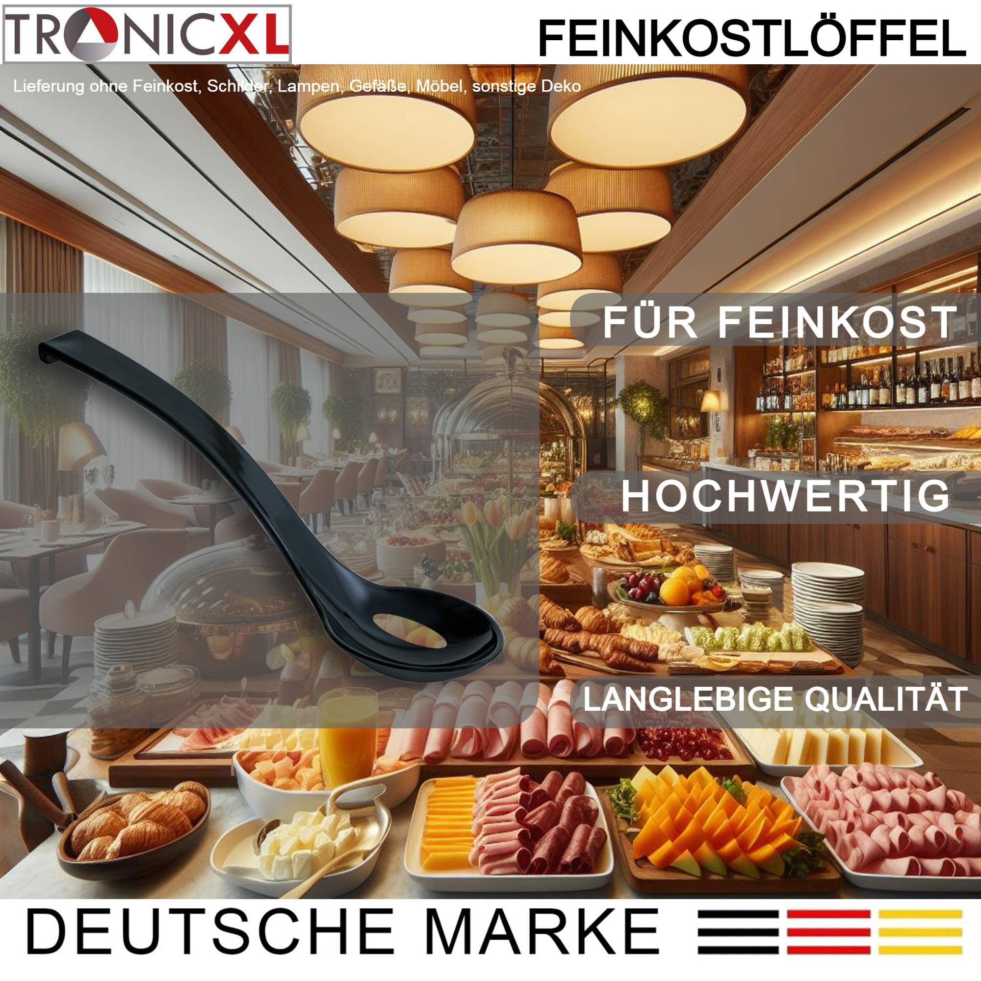 6 Stück SAN Feinkostlöffel geschlitzt spülmaschinenfest Löffel Feinkost Kunststofflöffel Salatlöffel schwarz Gastro