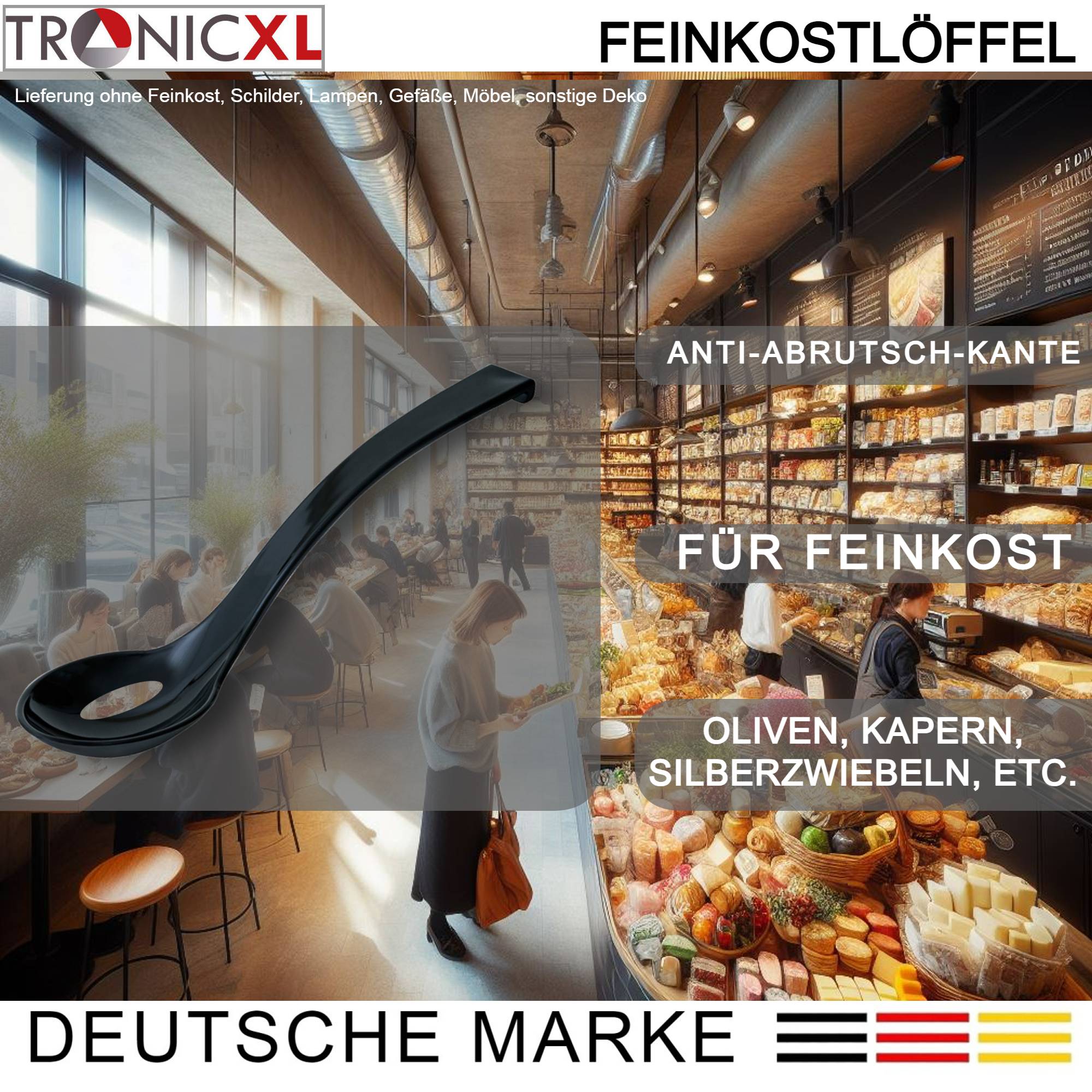 6 Stück SAN Feinkostlöffel geschlitzt spülmaschinenfest Löffel Feinkost Kunststofflöffel Salatlöffel schwarz Gastro