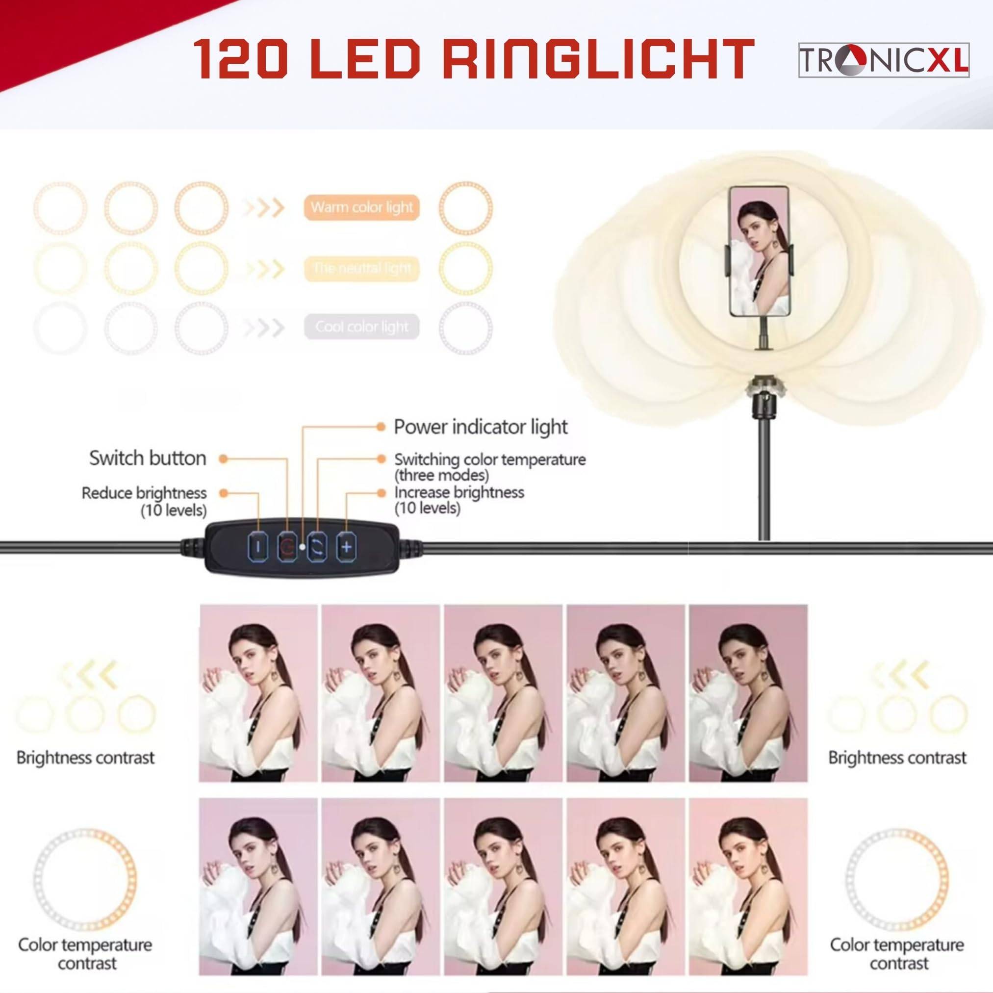 120 LED XL Ringlicht für Stativ I Ring Light mit Handyhalter Smartphone ohne Tripod 1/4" Adapter I für YouTube Video Streaming Smartphone TikTok Liv