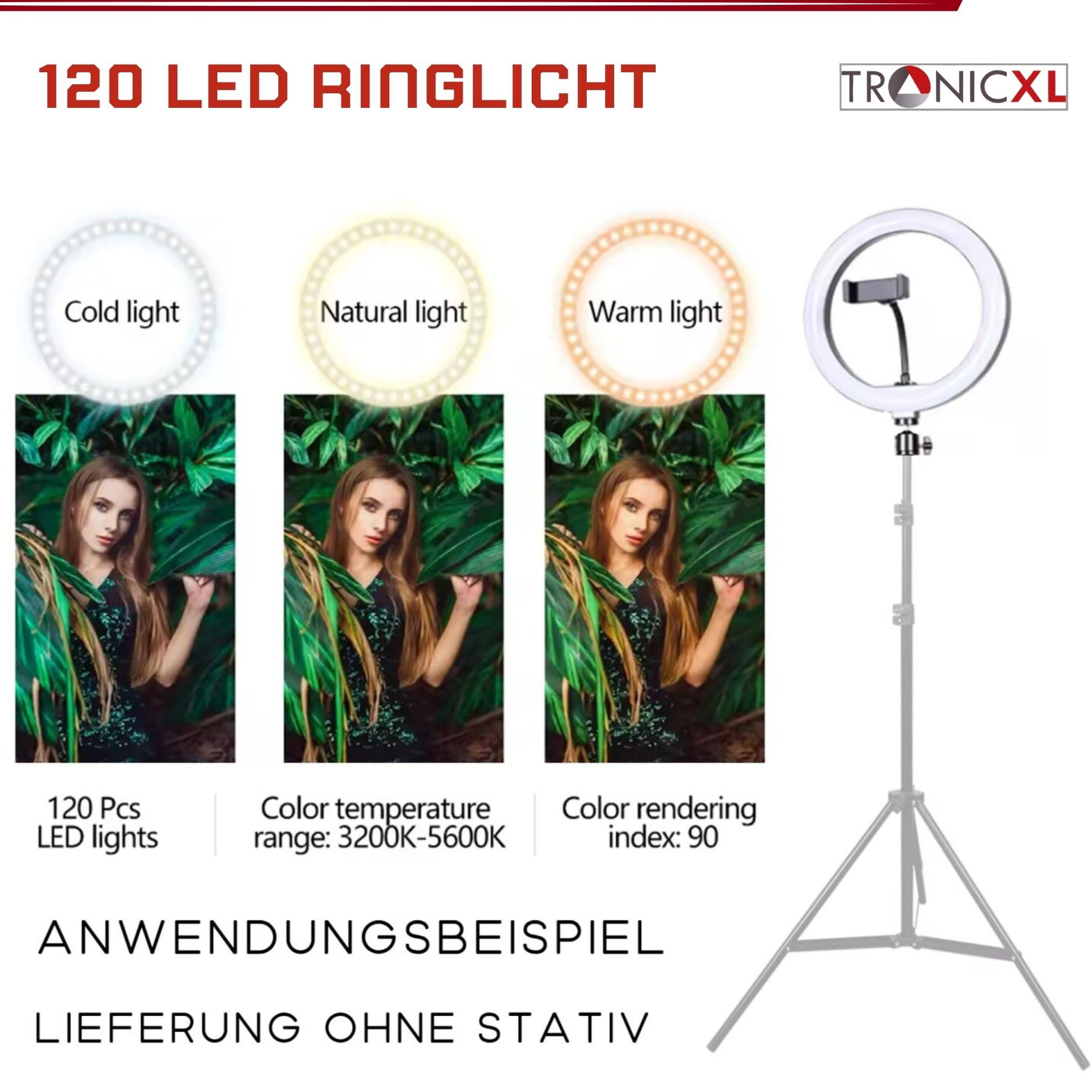 120 LED XL Ringlicht für Stativ I Ring Light mit Handyhalter Smartphone ohne Tripod 1/4" Adapter I für YouTube Video Streaming Smartphone TikTok Liv