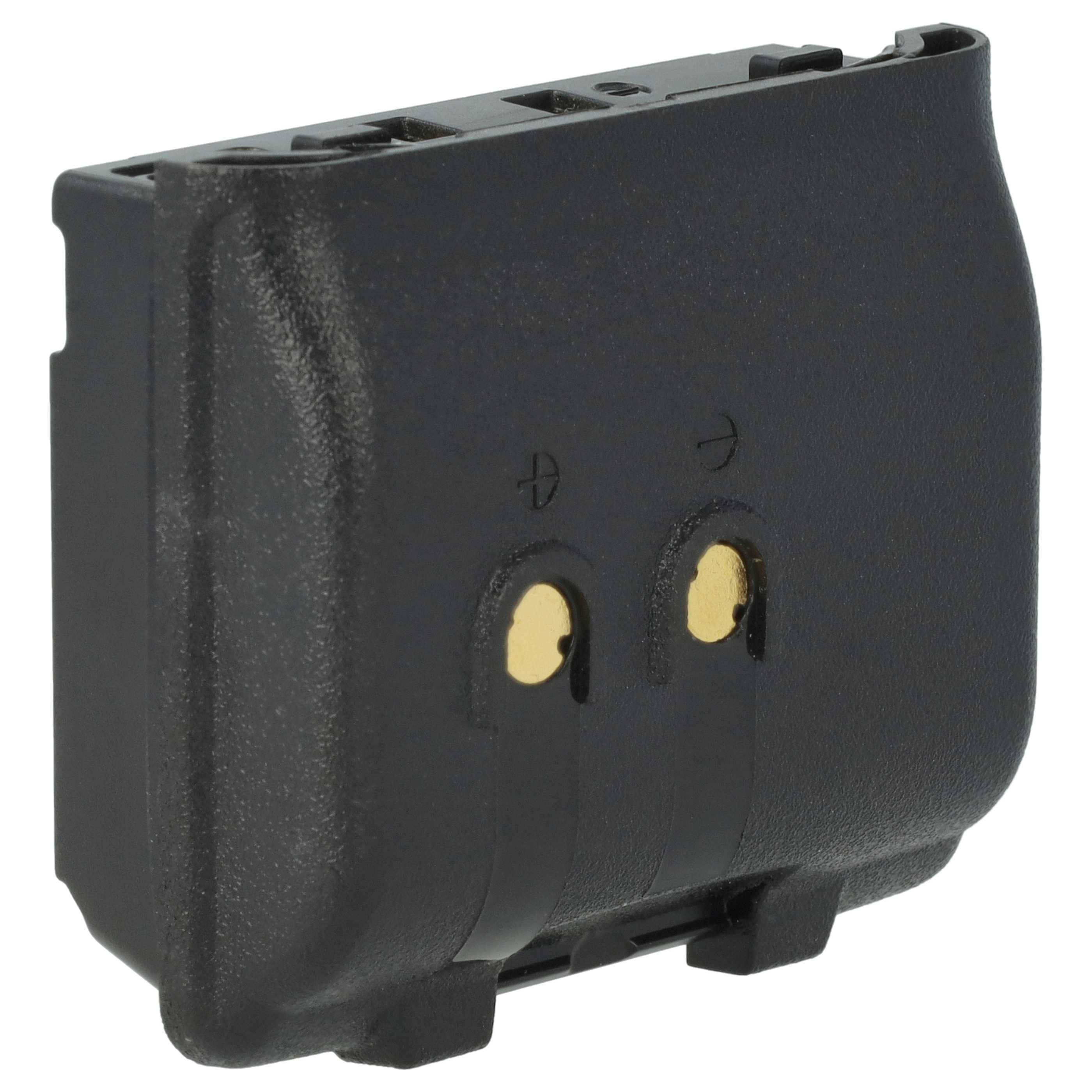 Ein wiederaufladbares schwarzes Batteriepaket mit '+' und '-' Symbolen, das zwei Anschlusskontakte zeigt. Geeignet für den Einsatz in elektronischen Geräten.