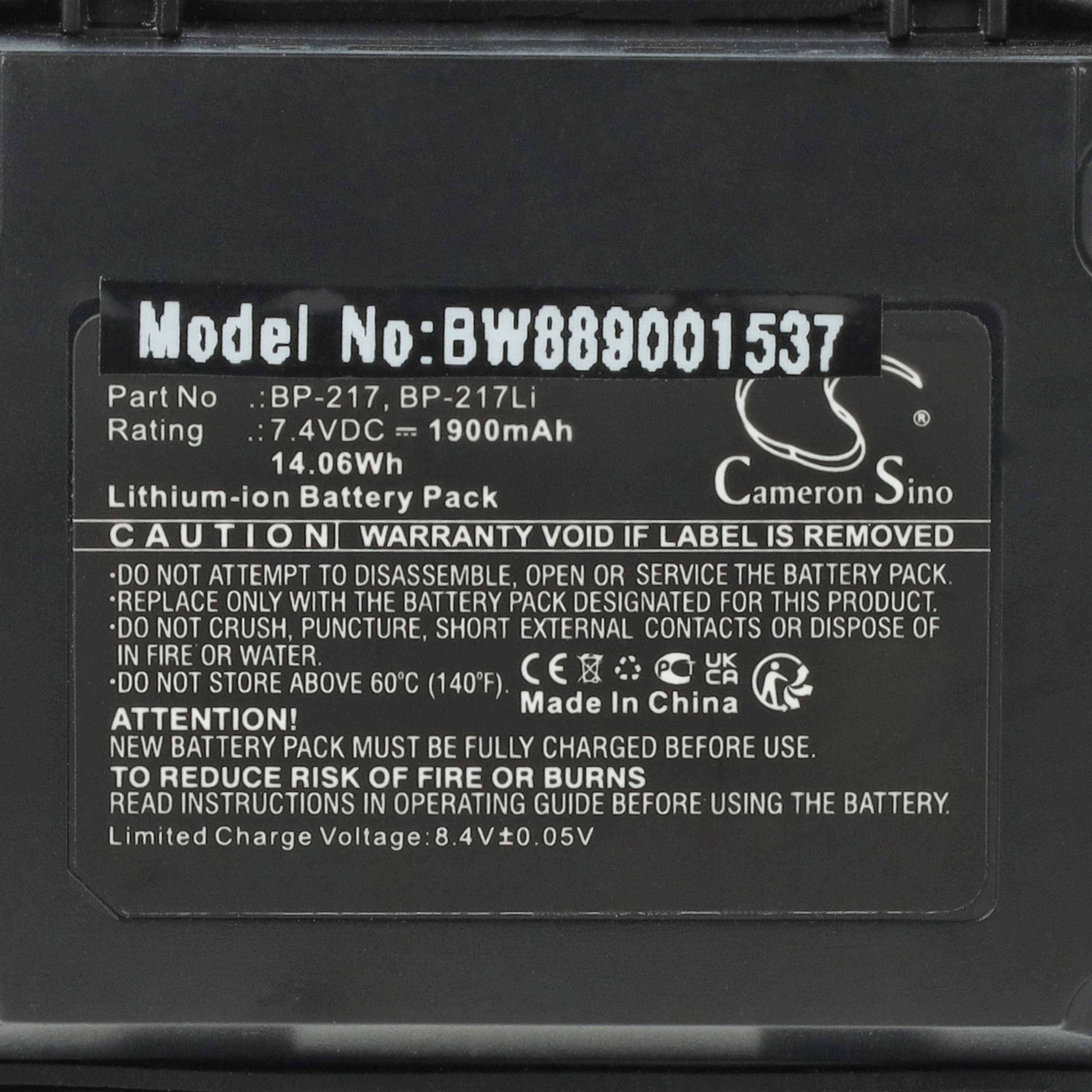 Das Bild zeigt die Batteriekennzeichnung eines Cameron Sino Modells BW880001537 mit 7,4 VDC und 1900 mAh Spezifikationen. Es enthält Warnhinweise zur korrekten Verwendung und Handhabung.