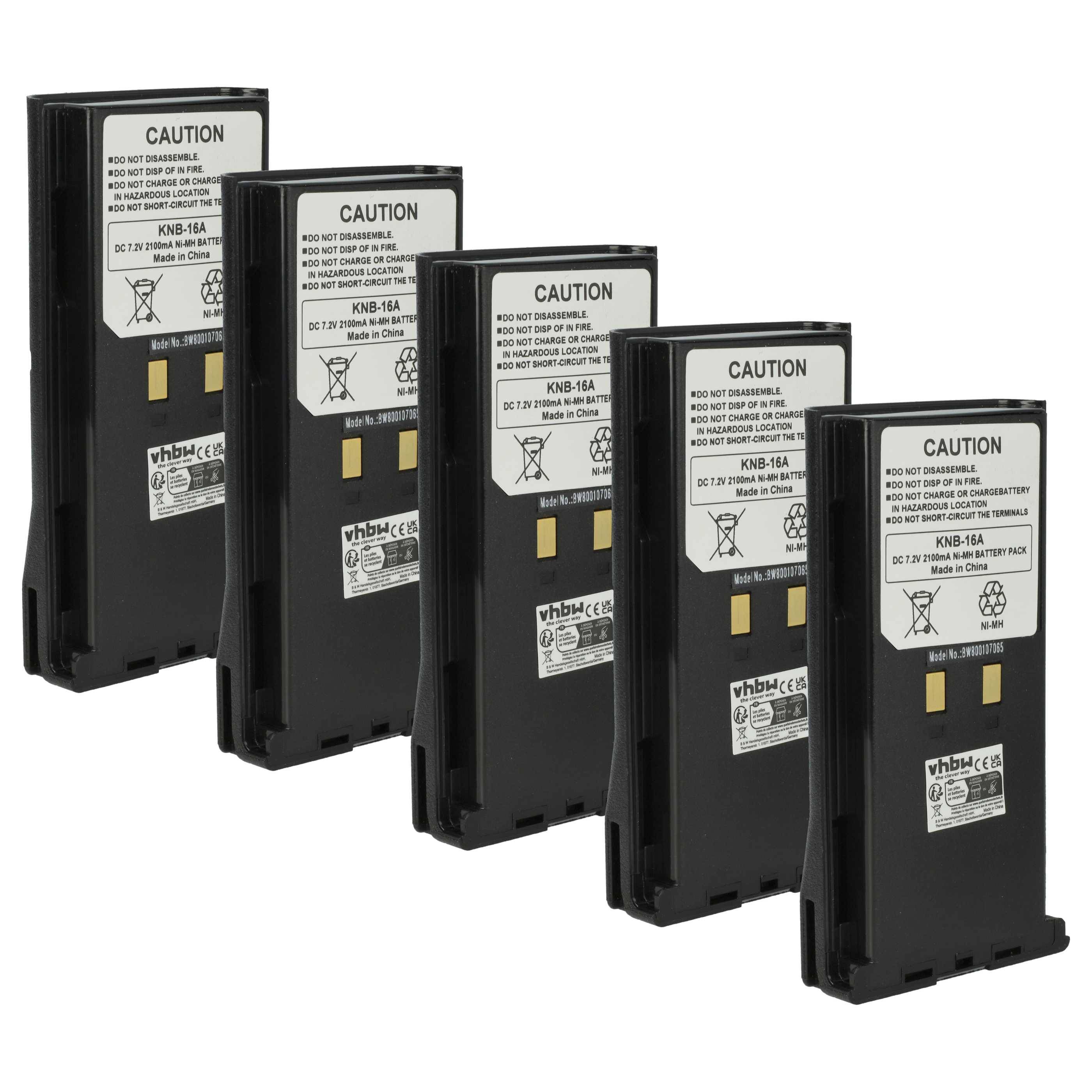Fünf schwarze Walkie-Talkie-Akkus mit Warnhinweisetiketten stehen in einer Reihe und zeigen die Anschlüsse und Teildetails.