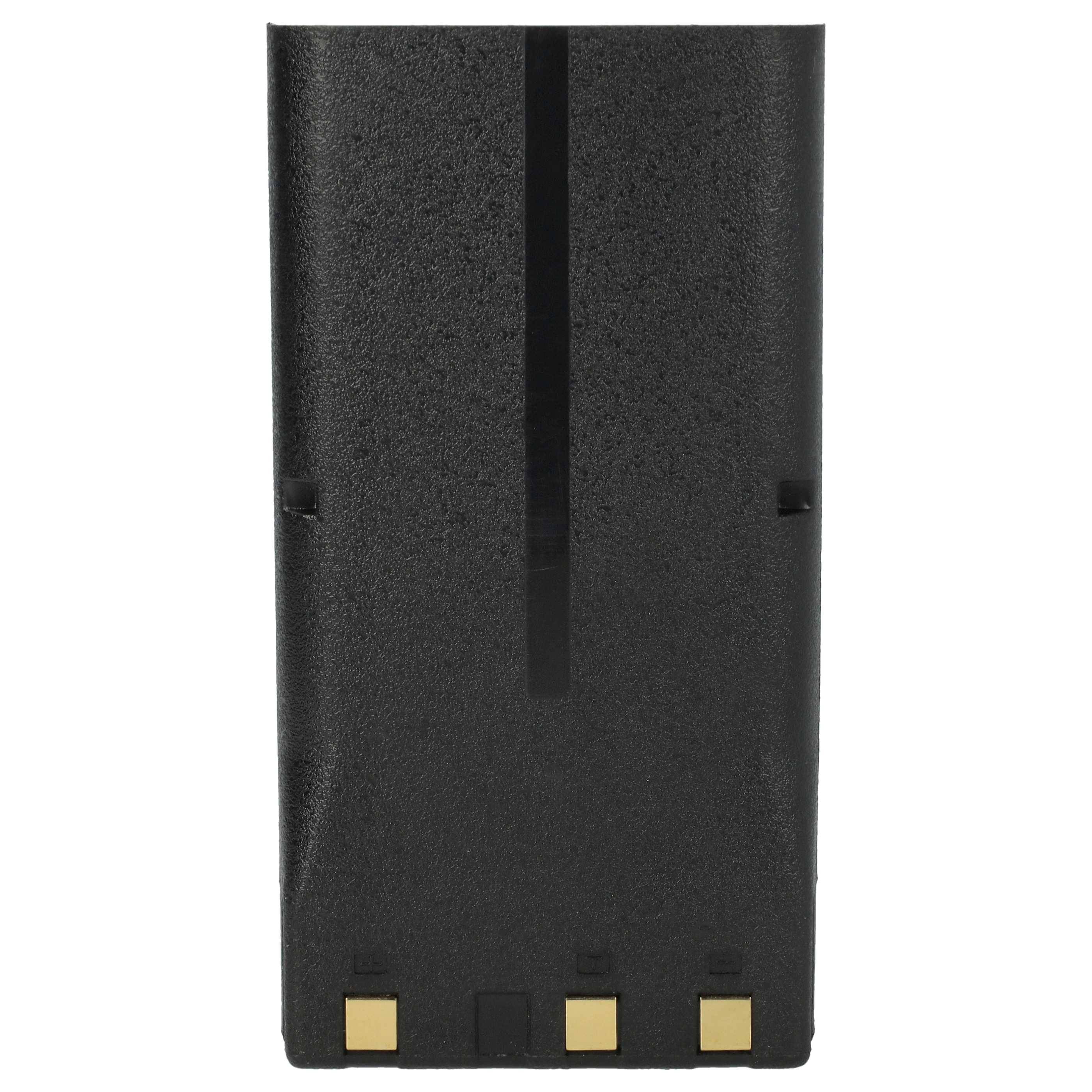 Eine rechteckige schwarze elektronische Gerätebatterie mit drei goldenen Kontaktpunkten am unteren Ende, die zur Stromversorgung von Funkgeräten verwendet wird.