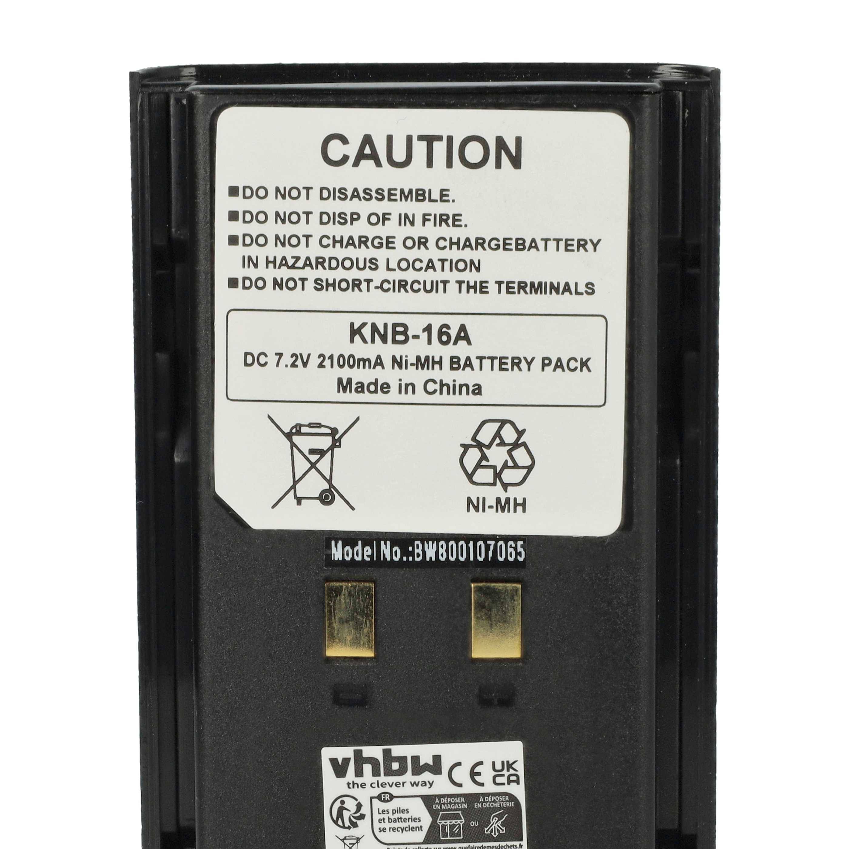 Batteriepack-Etikett mit Warnhinweis: Vorsicht. Nicht zerlegen oder verbrennen. Modell: KNB-16A, 7,2V, 2100mAh, Ni-MH, hergestellt in China.