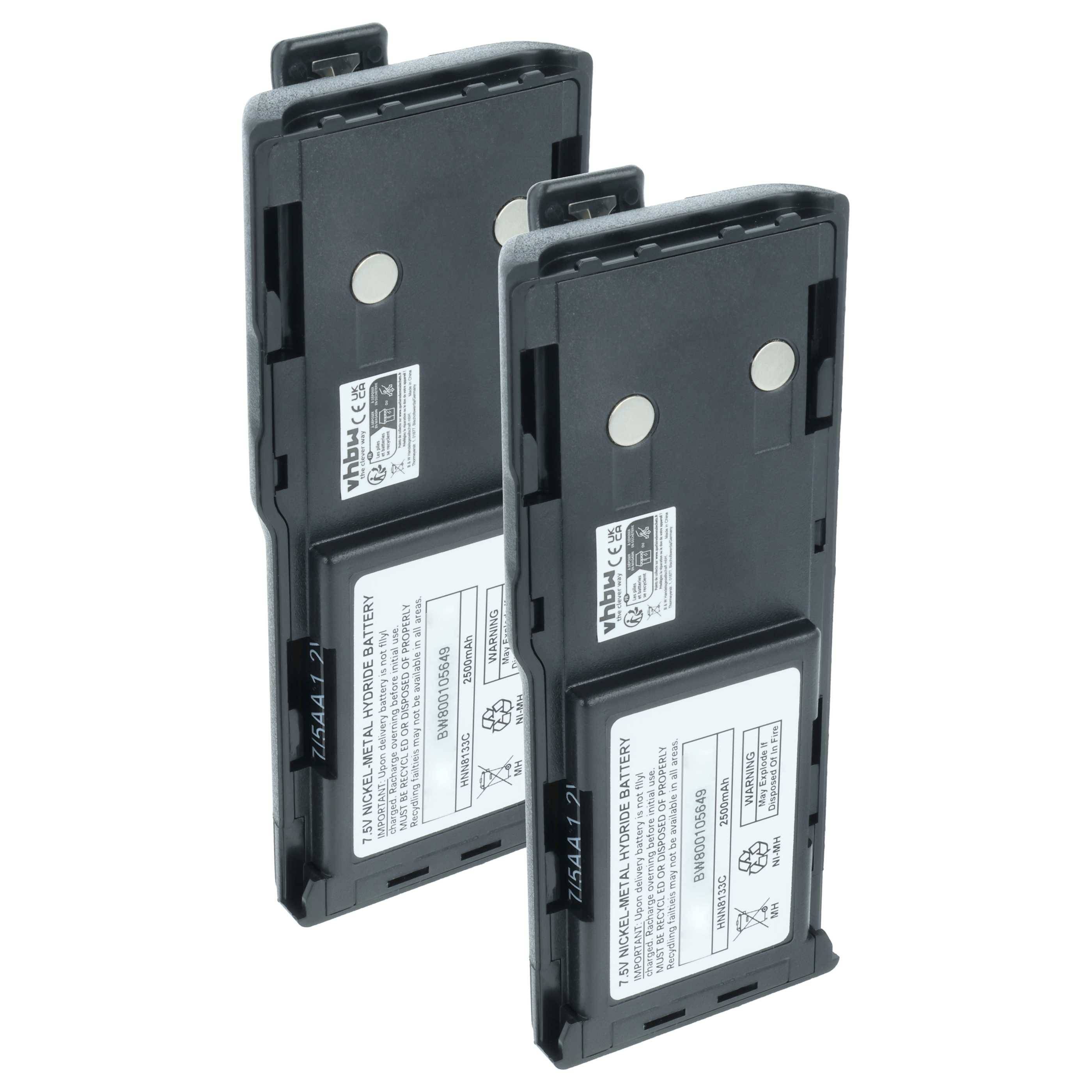 Zwei rechteckige wiederaufladbare Batterien mit Etiketten, vertikal ausgerichtet. Beide haben flache Oberseiten mit Metallkontakten.