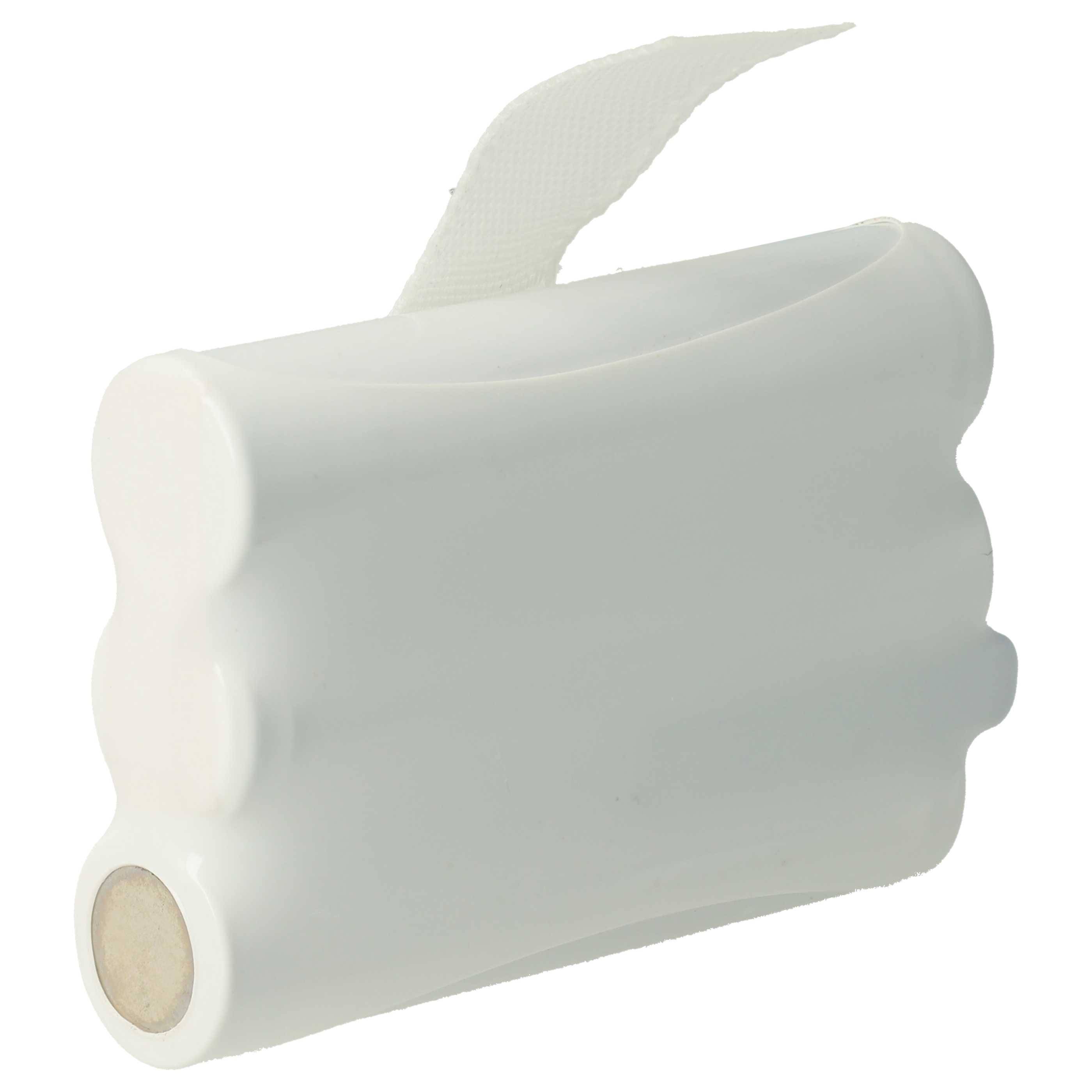 Weißer Kunststoff-Toilettenpapierhalter mit einer herausragenden Rolle Toilettenpapier von oben.