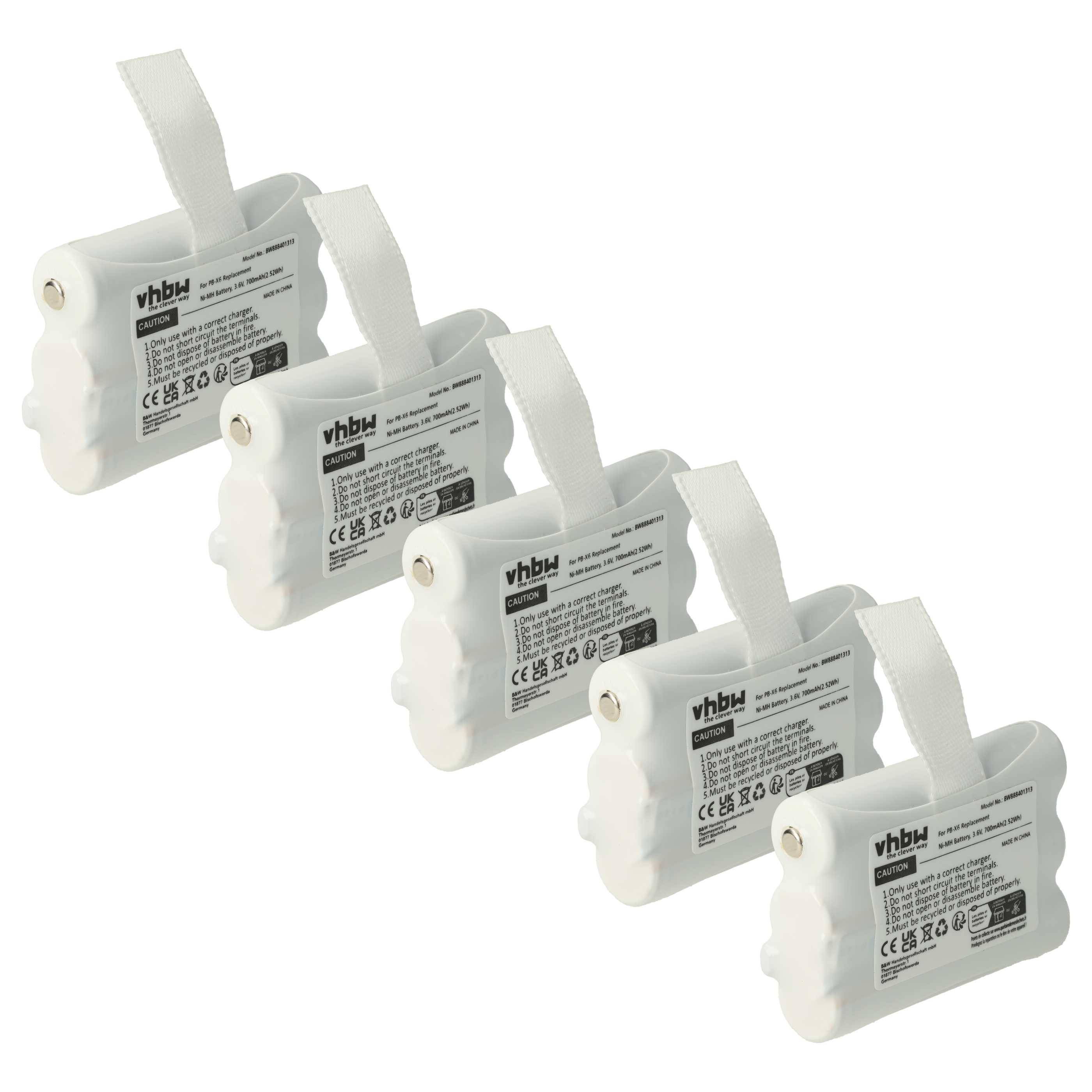 vhbw 5x Akku Ersatz für Midland PB-X6 für Funkgerät, Walkie Talkie (700 mAh, 3,6 V, NiMH)
