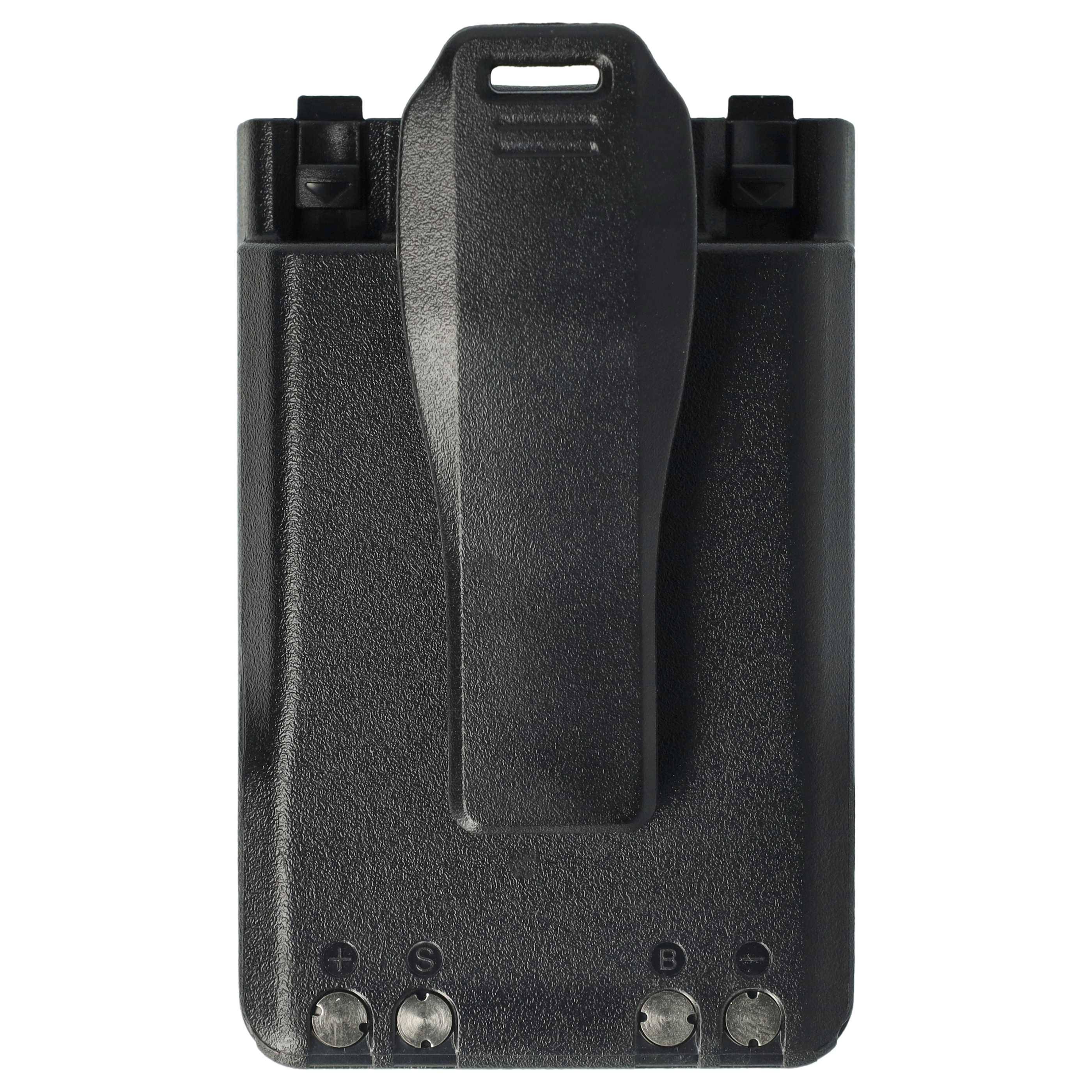 Eine Nahaufnahme eines schwarzen Radio-Batteriepacks mit strukturierter Oberfläche und einem Clip auf der Rückseite, mit sichtbaren Metallkontakten am unteren Ende.