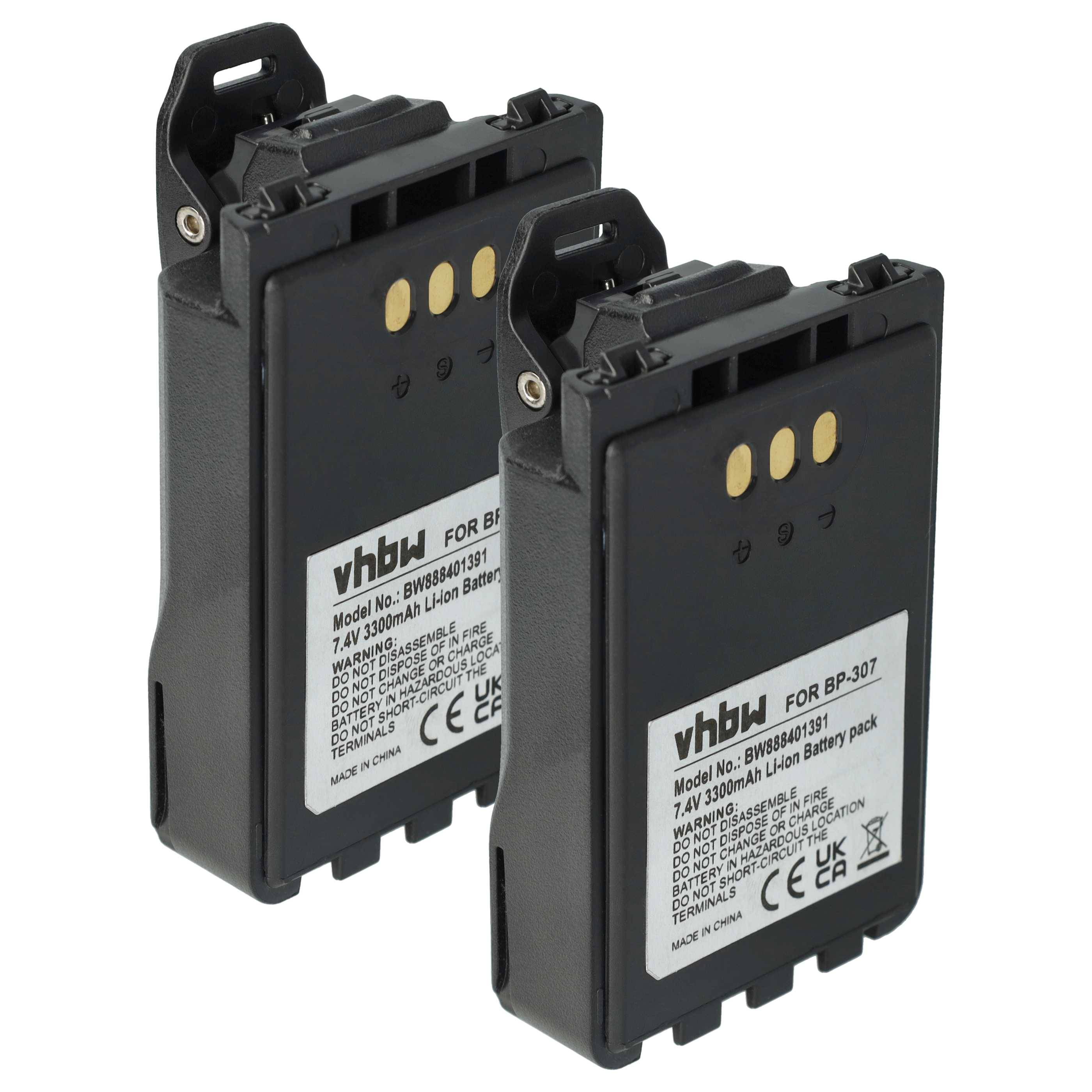 Zwei vhbw BP-307 Lithiumbatterien, je 7,4 V und 3800 mAh, aufrecht stehend mit sichtbaren Produktetiketten, die Batteriefunktionen veranschaulichend.