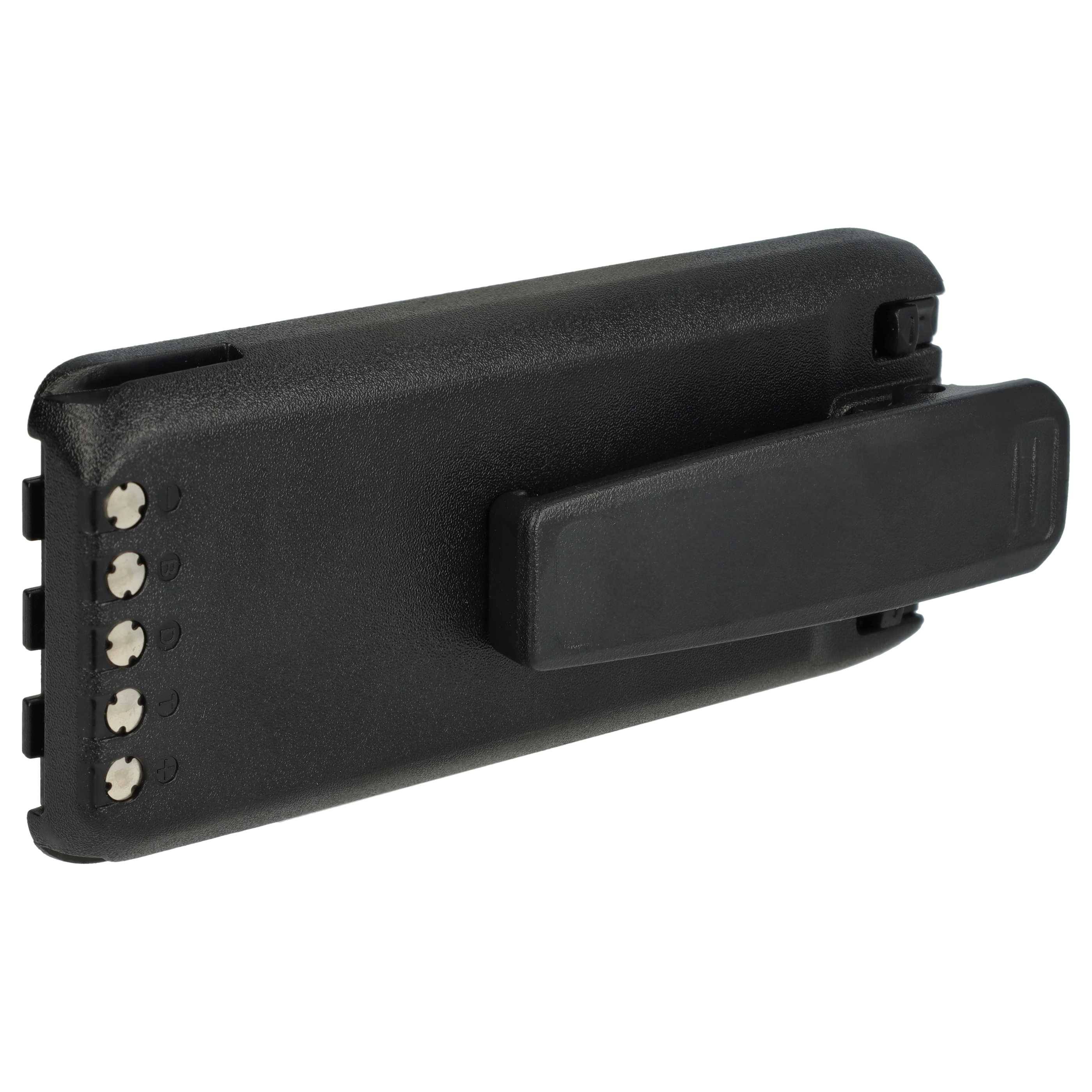 Ein schwarzes Handgerät mit einer Seitenklammer und fünf weißen Tasten an einer Kante.