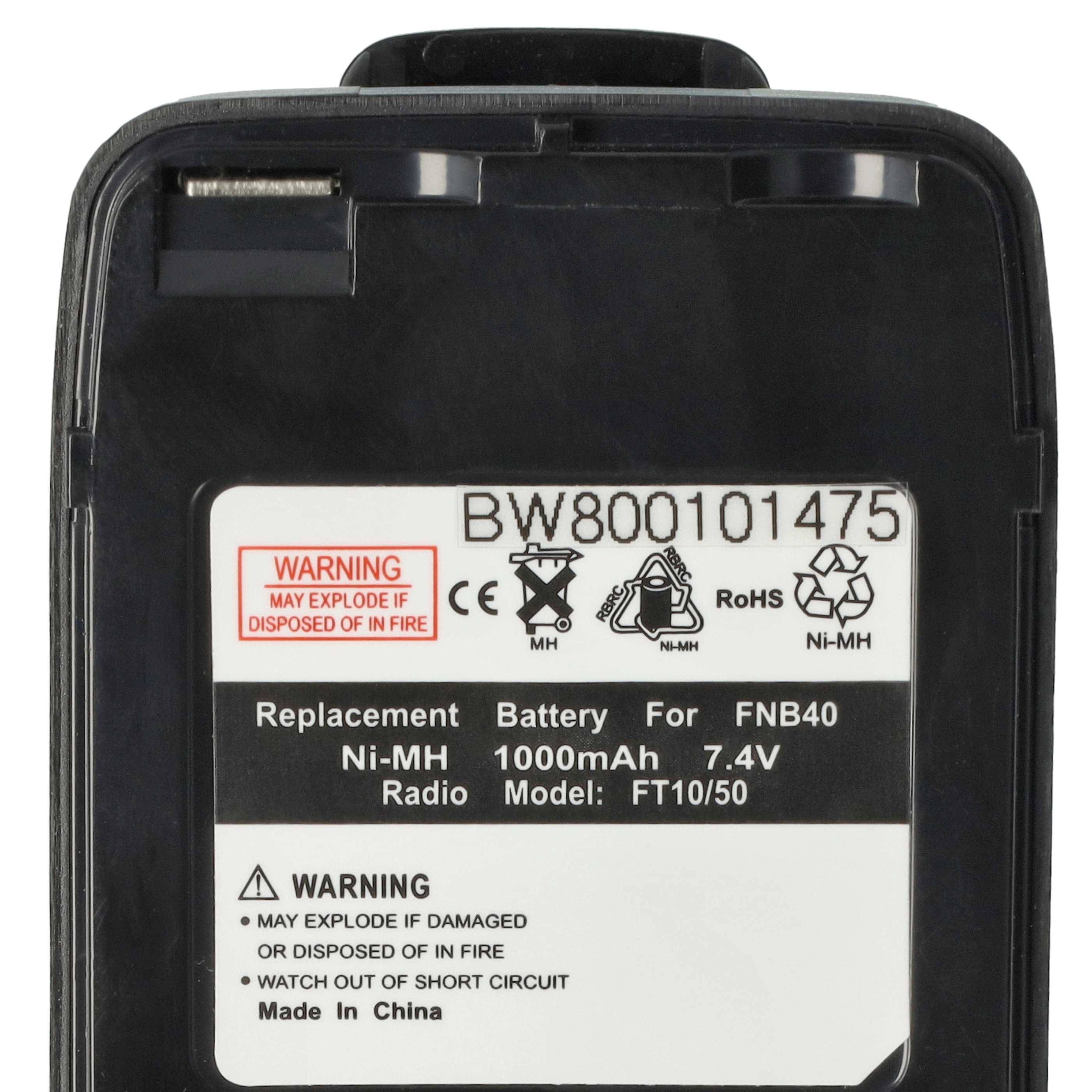 vhbw Akku Ersatz für FNB-41, FNB-40 für Funkgerät, Walkie Talkie (1000 mAh, 7,4 V, NiMH) + Gürtelclip