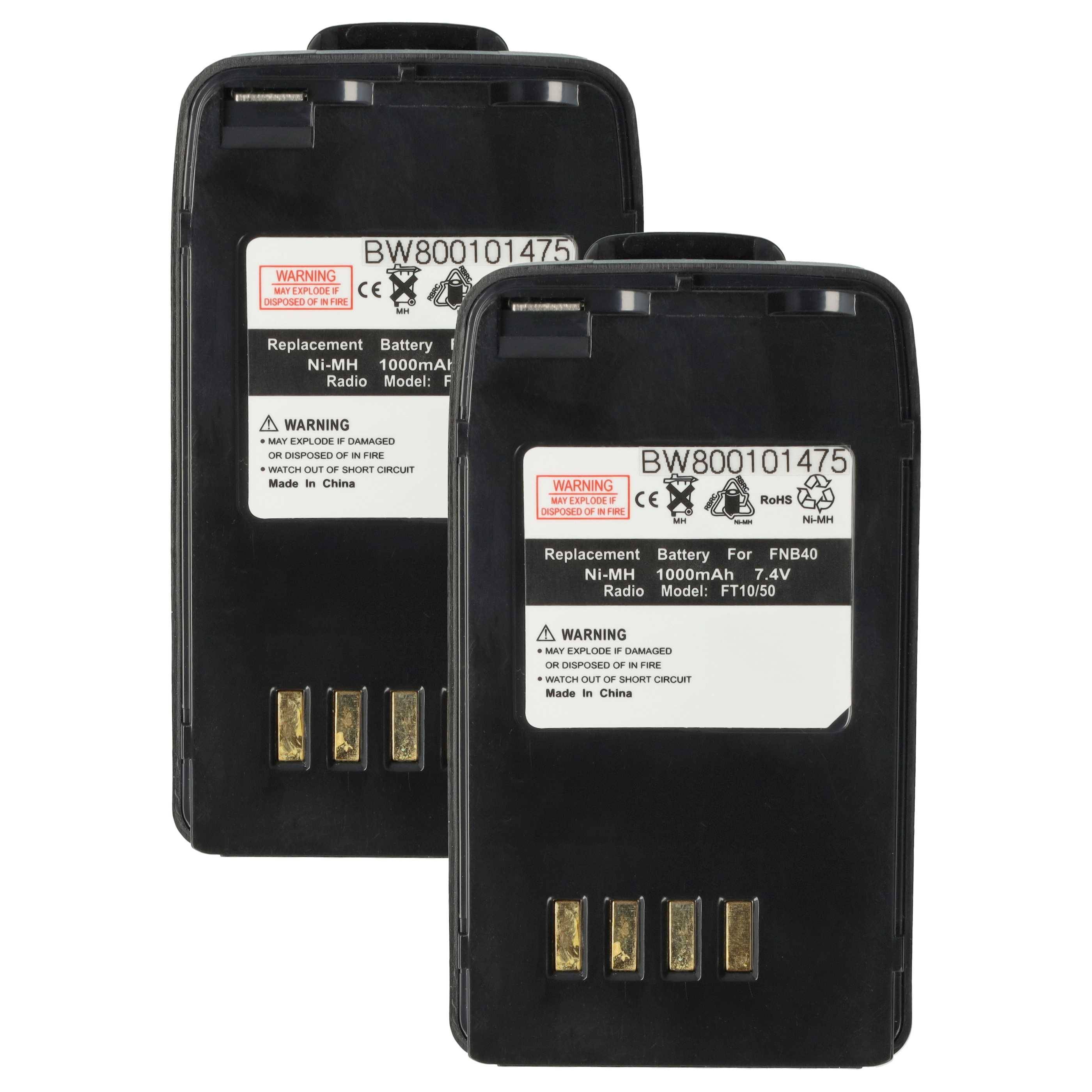 Zwei schwarze Ersatzbatterien mit der Bezeichnung 'BW800101475' für FNB40 mit einer Kapazität von 1000mAh, 7,4V. Enthält Warnhinweise.