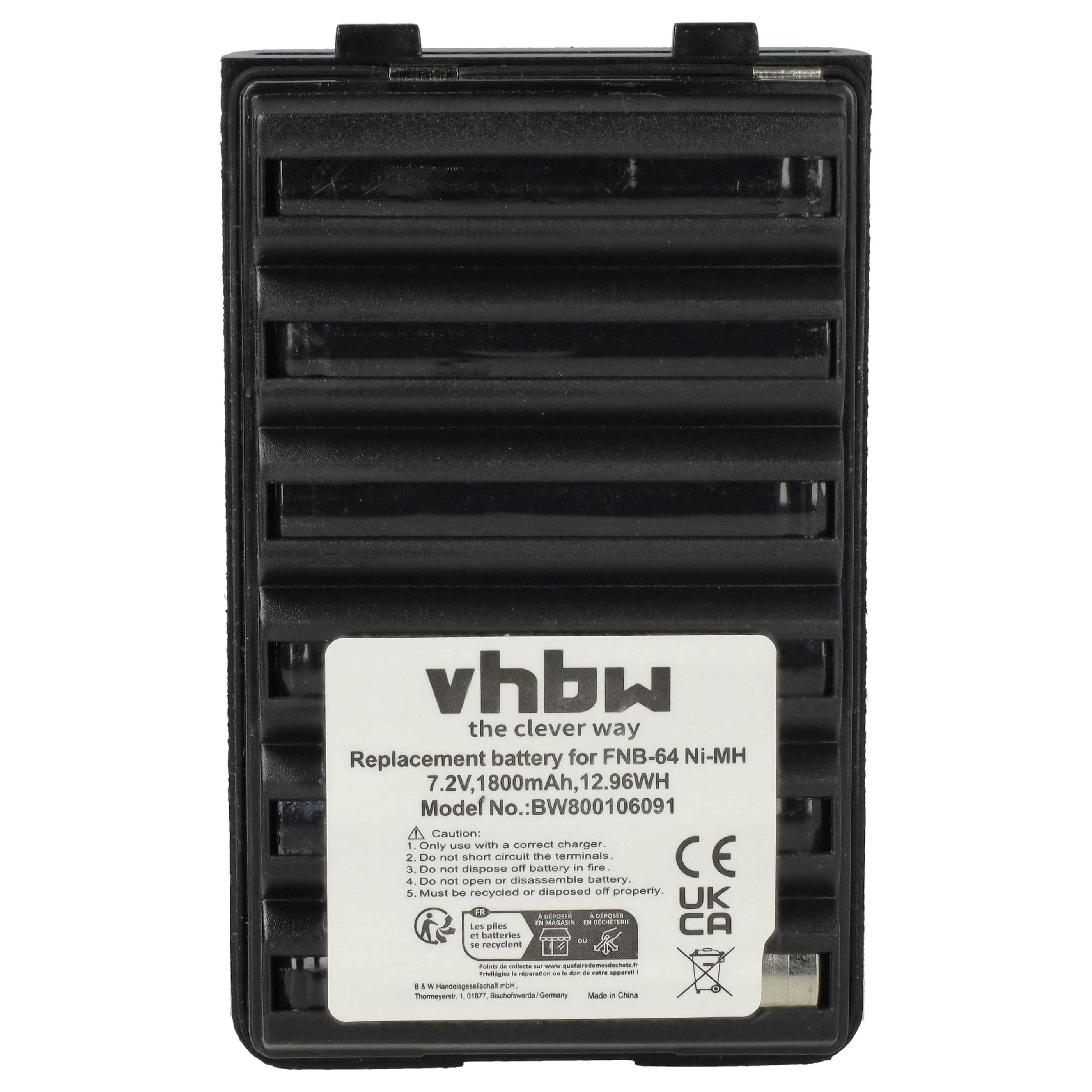 Eine schwarze Ersatzbatterie für FNB-64 NI-MH mit 'vhbw'-Markenzeichen, Modellnummer BVW800106091. Kapazität: 7,2V, 1800mAh, 12,96Wh.