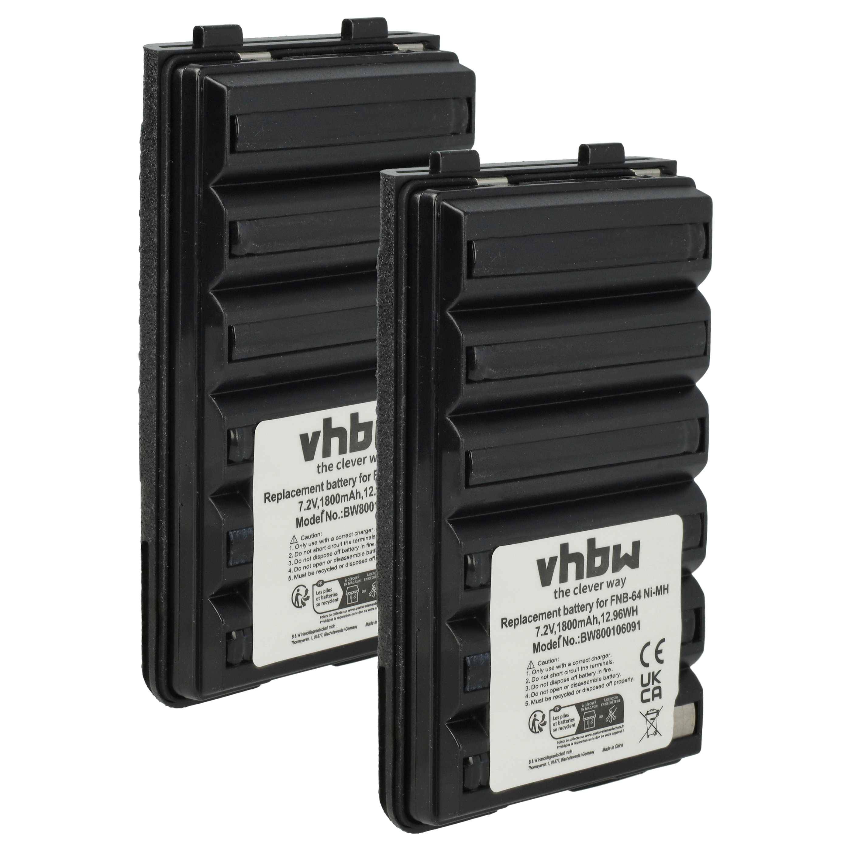 vhbw 2x Akku kompatibel mit Yaesu Vertex FT-277R, FT-250R, FT-250E, FT60, FT-270R, FT-270E, FT-60 Funkgerät, Walkie Talkie (1800 mAh, 7,2 V, NiMH)