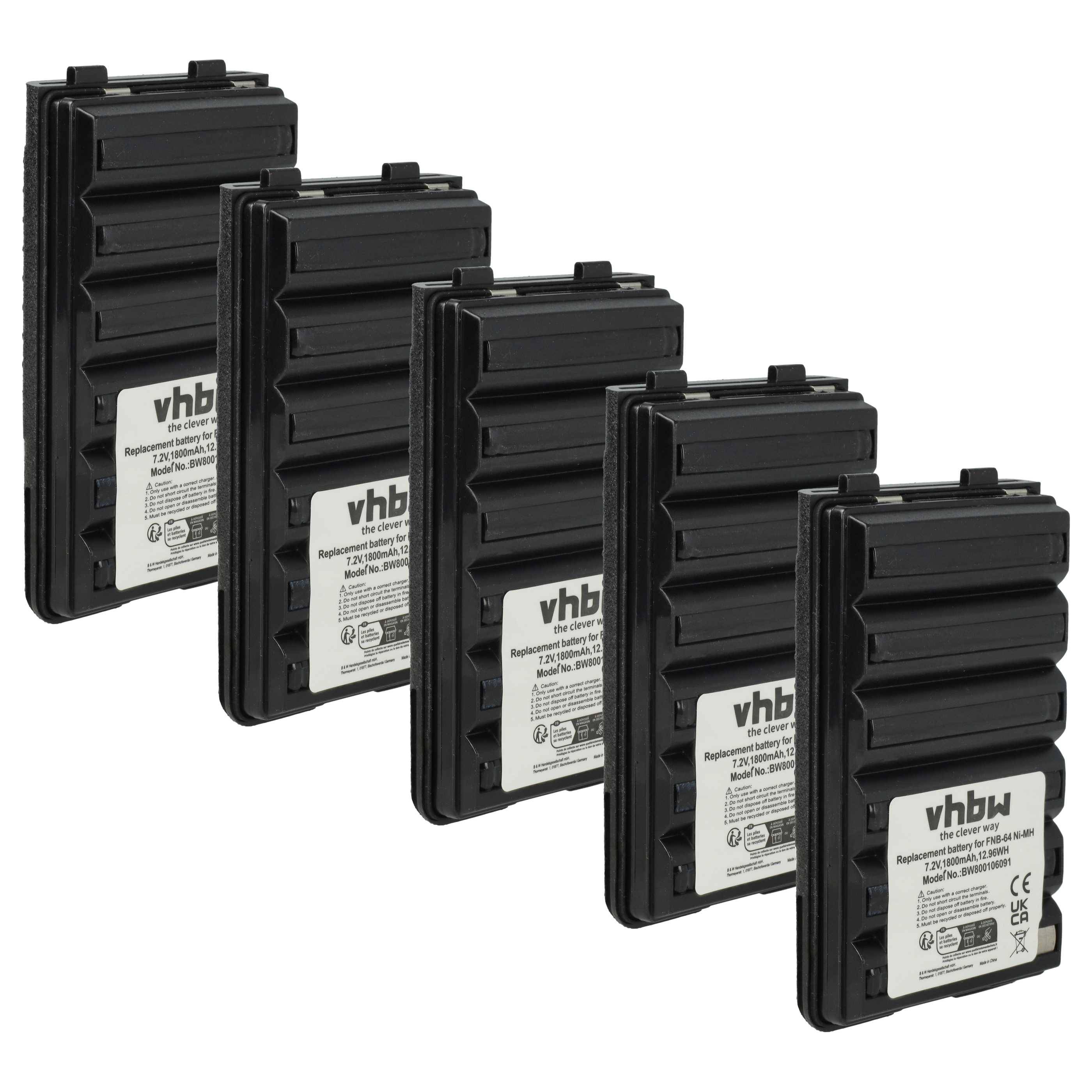vhbw 5x Akku Ersatz für Yaesu / Vertex FNB-V67Li, FNB-V94, FNB-V83, FNB-V88 für Funkgerät, Walkie Talkie (1800 mAh, 7,2 V, NiMH)