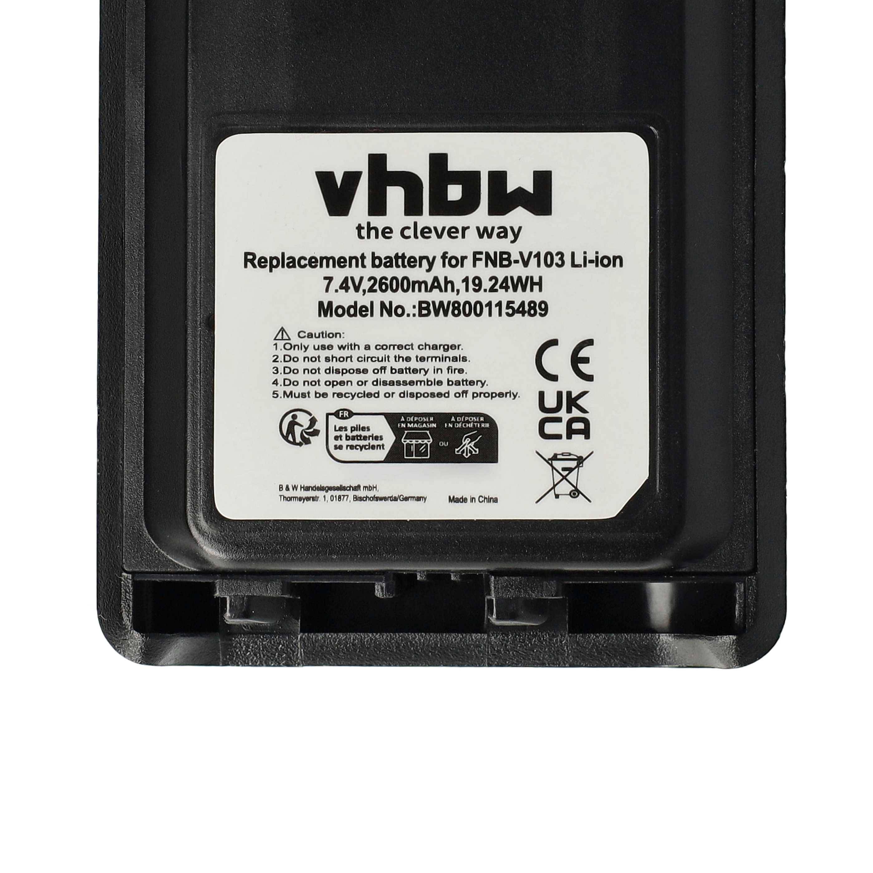 Ersatzbatterie für FNB-V103 Li-Ion, 7,4V, 2600mAh, 19,24Wh, mit sichtbaren Sicherheitshinweisen und Konformitätslogos.