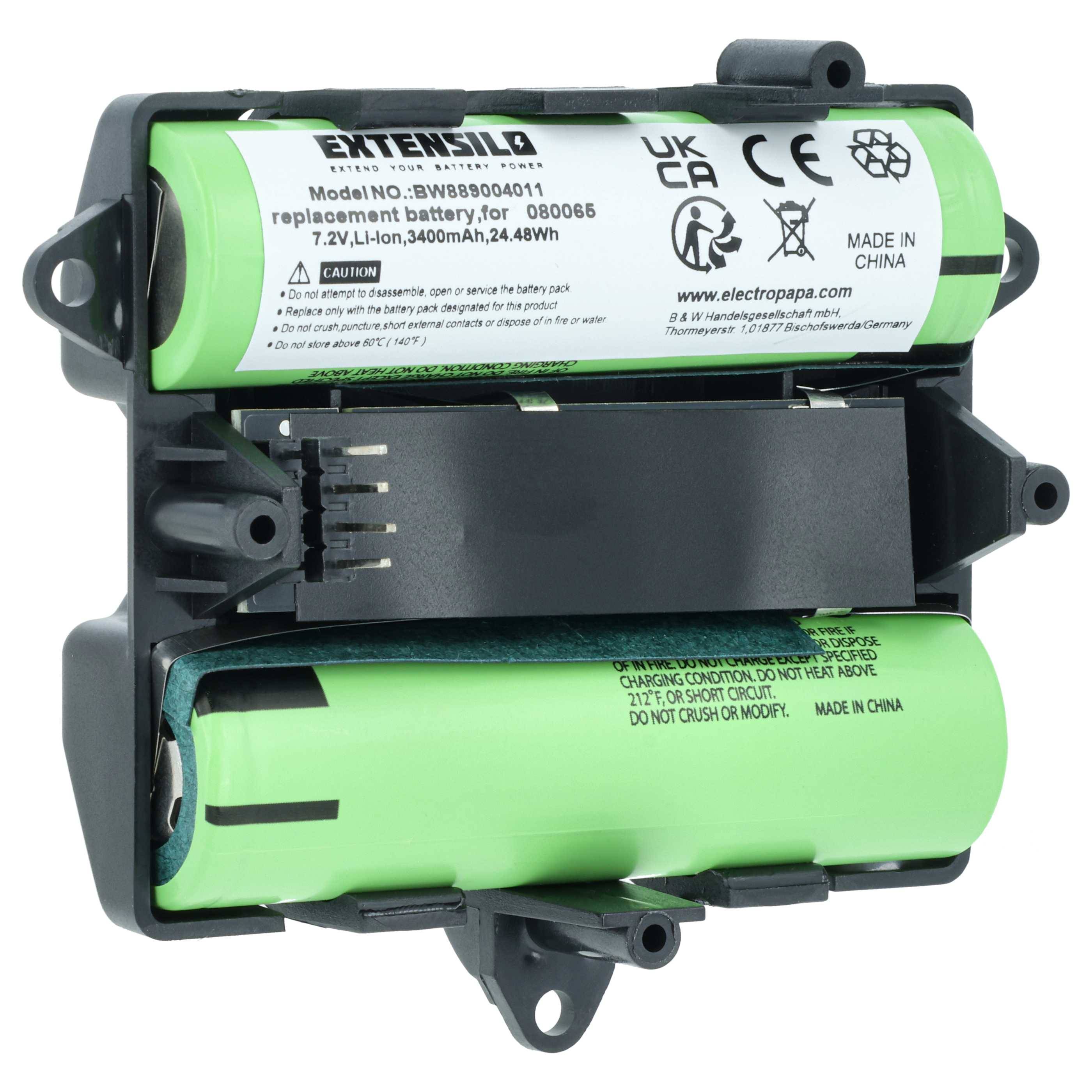 Ein Akkupack mit der Bezeichnung 'EXTENSILO' und der Modellnummer BW89800401. Es handelt sich um einen 7,2V, 3400mAh Lithium-Ionen-Ersatzakku, hergestellt in China.