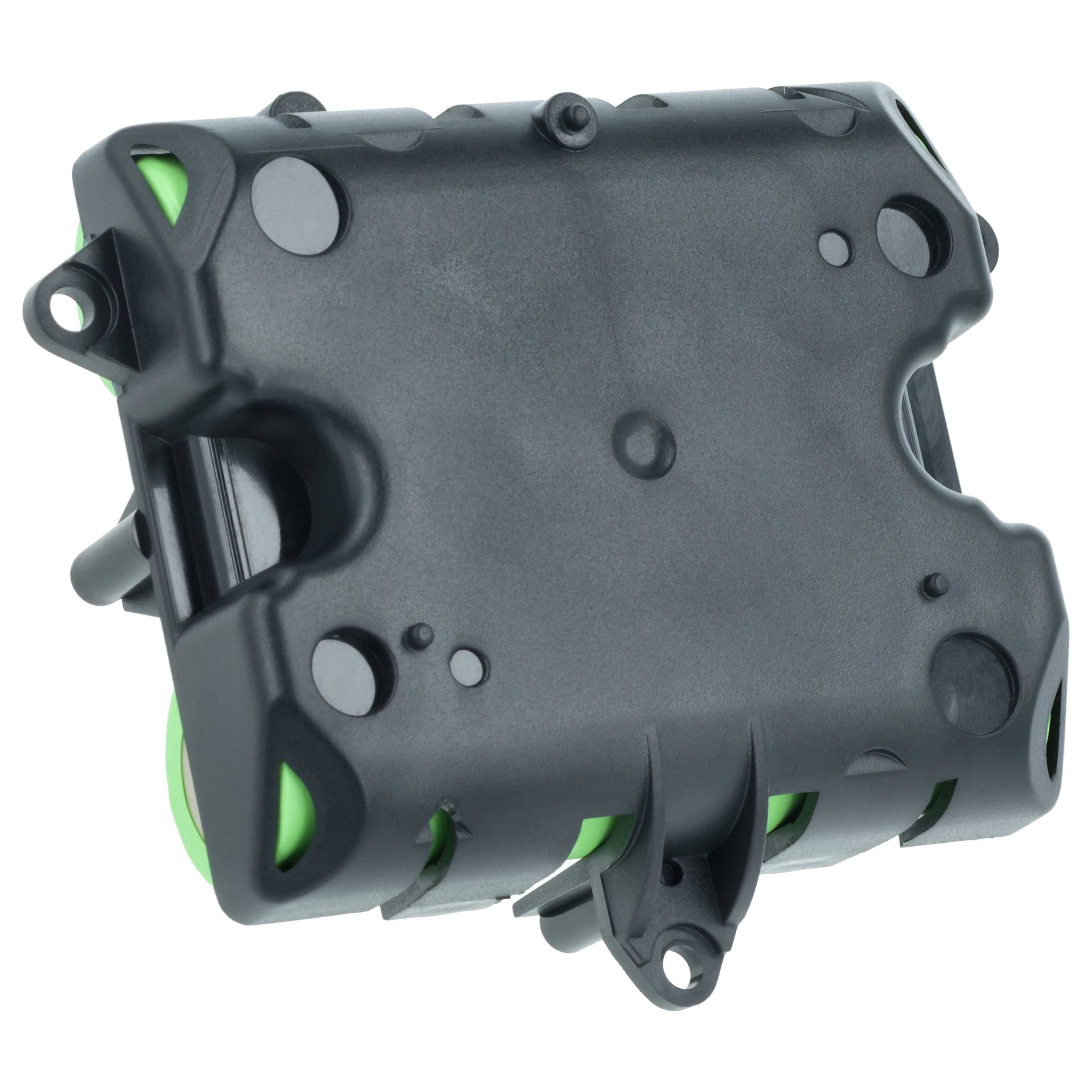 Eine schwarze rechteckige mechanische Komponente mit mehreren Befestigungslöchern, an deren Kanten grüne Elemente sichtbar sind.