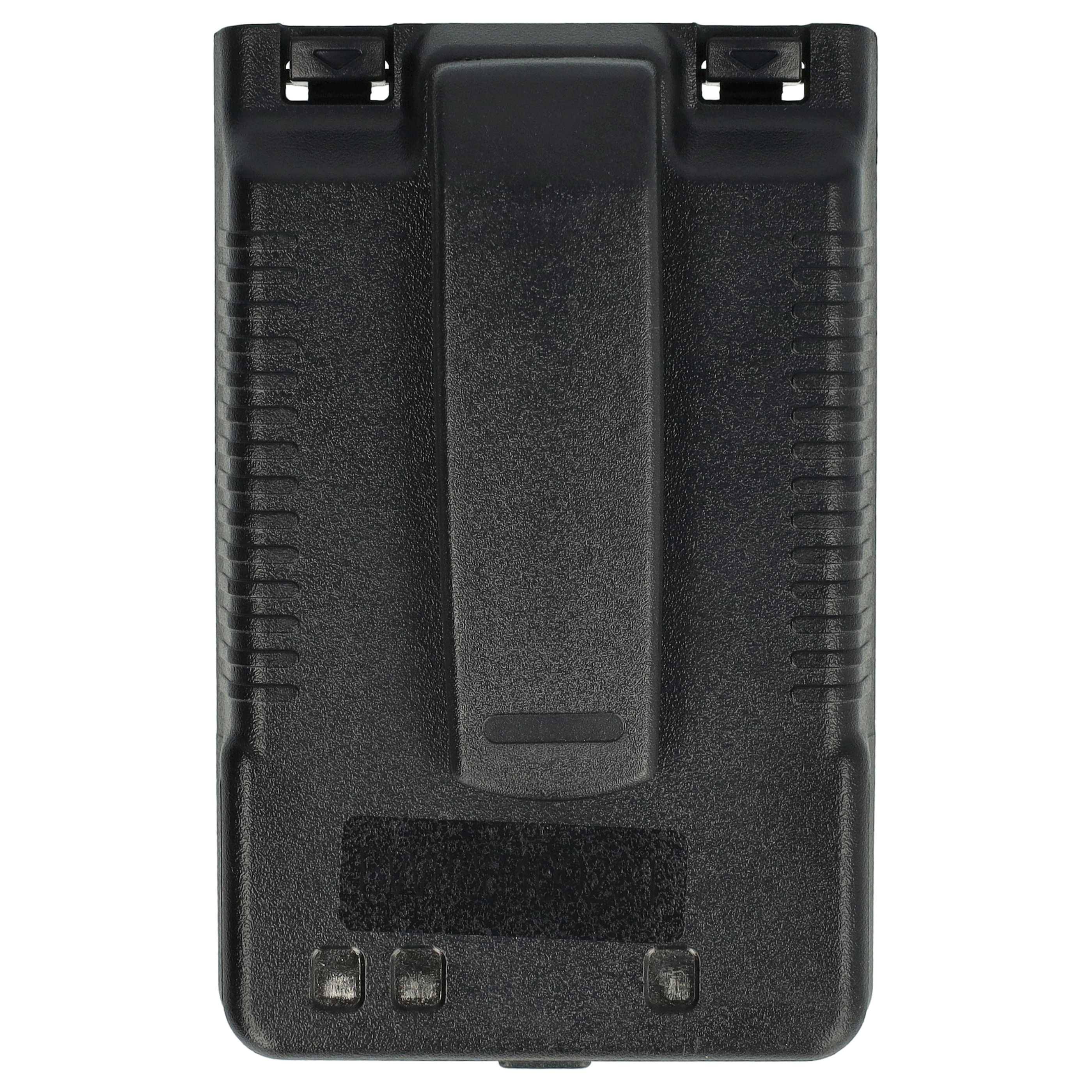 Ein schwarzes, rechteckiges elektronisches Gerät mit einem Gürtelclip auf der Rückseite, versehen mit zwei Metallkontakten am unteren Ende.