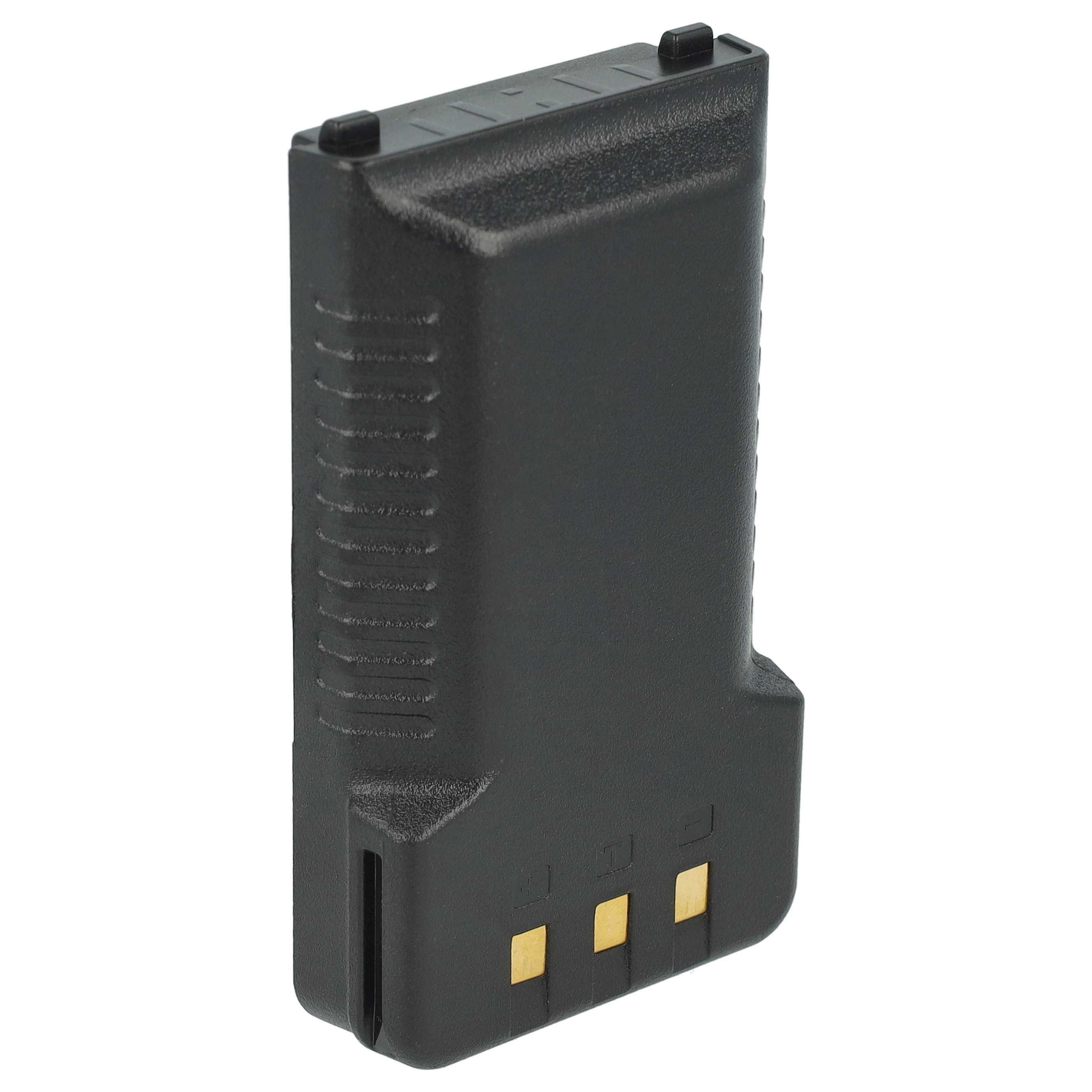 Ein schwarzes, rechteckiges Batteriepack mit drei goldenen Anschlussbolzen, die an der Unterseite sichtbar sind, und einer gerippten Griffoberfläche an einer Seite.