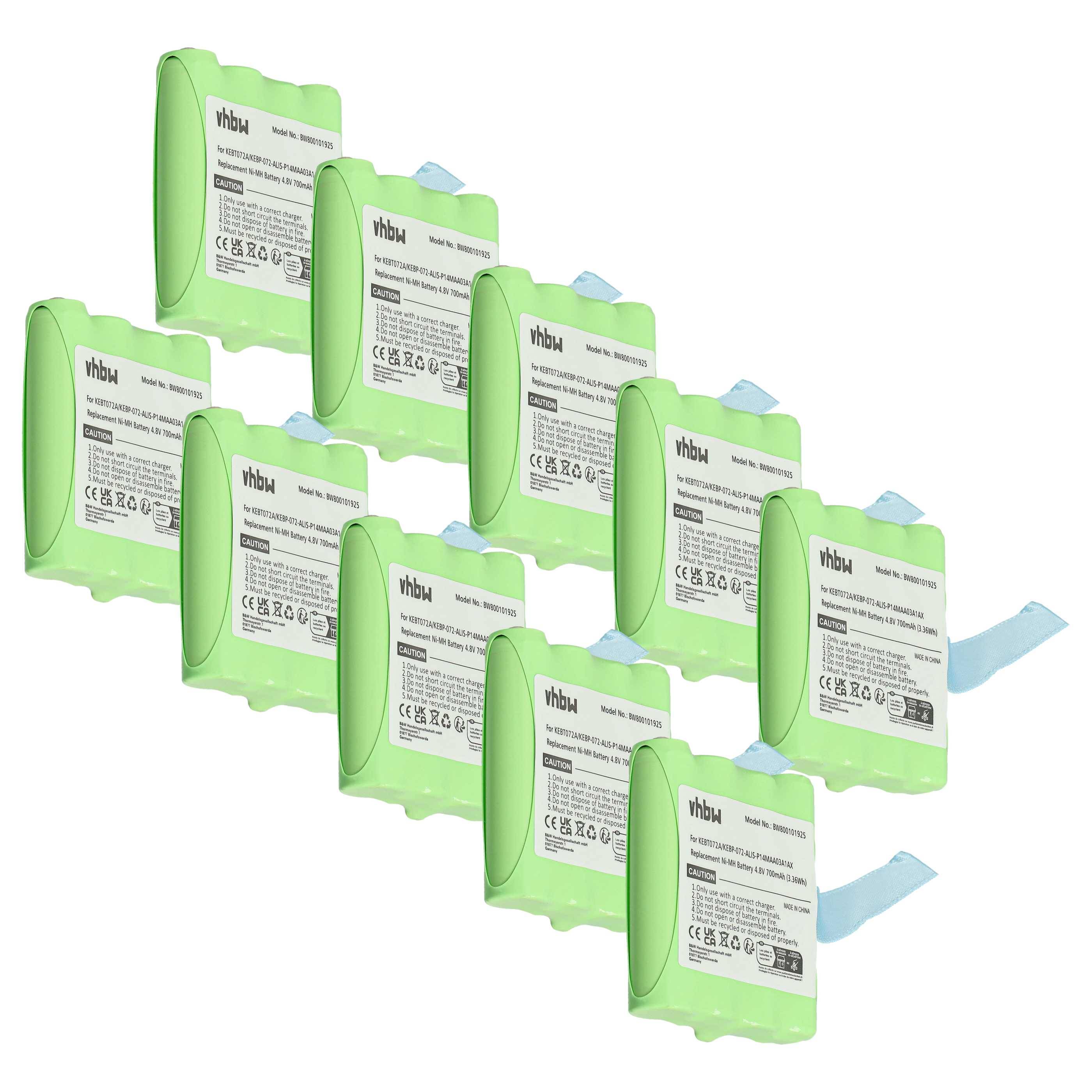 Eine Gruppe von 10 grünen Batterien, auf deren Etikett jeweils Produktdetails und Spezifikationen zu finden sind. Sie sind in einem diagonal ausgerichteten Muster angeordnet.