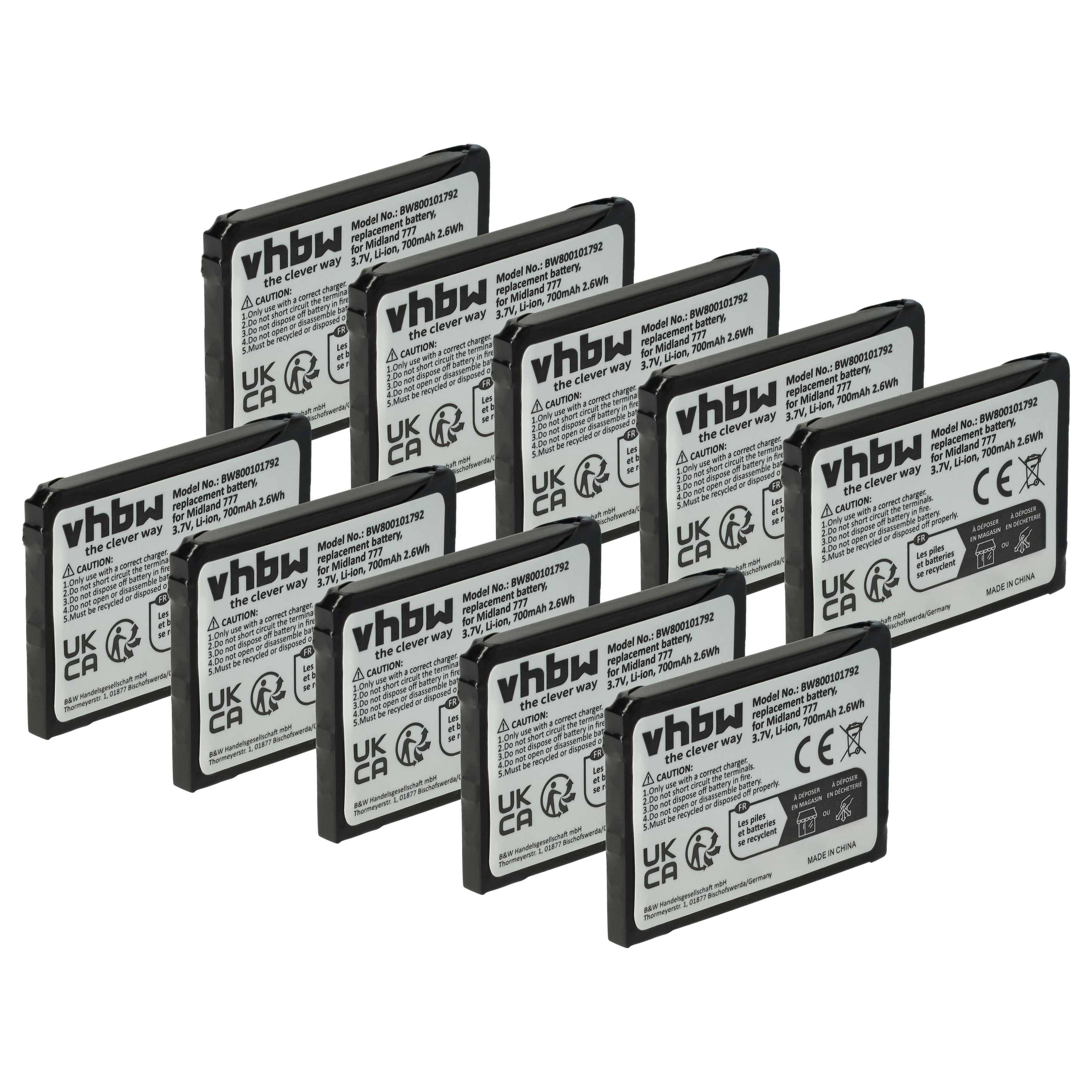 Zehn vhbw-markierte wiederaufladbare Batterien mit aufgedruckten Etiketten, nebeneinander angeordnet und mit CE- und UKCA-Konformitätszeichen versehen.