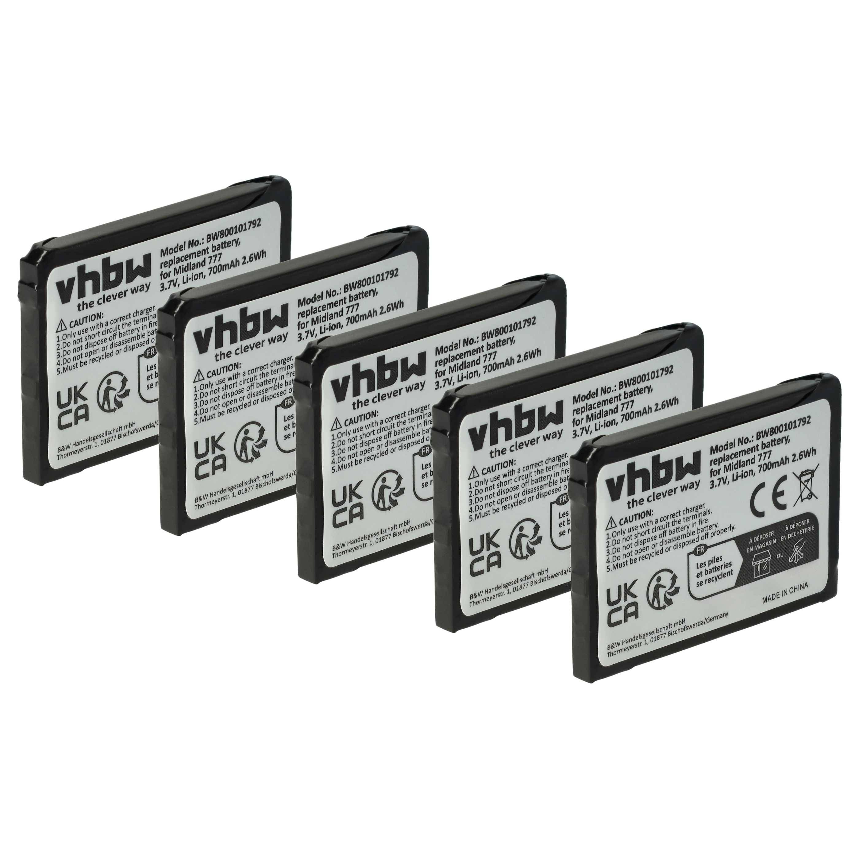 vhbw 5x Akku kompatibel mit Midland PMR446, PMR446+, 777 Funkgerät, Walkie Talkie (700 mAh, 3,7 V, Li-Ion)