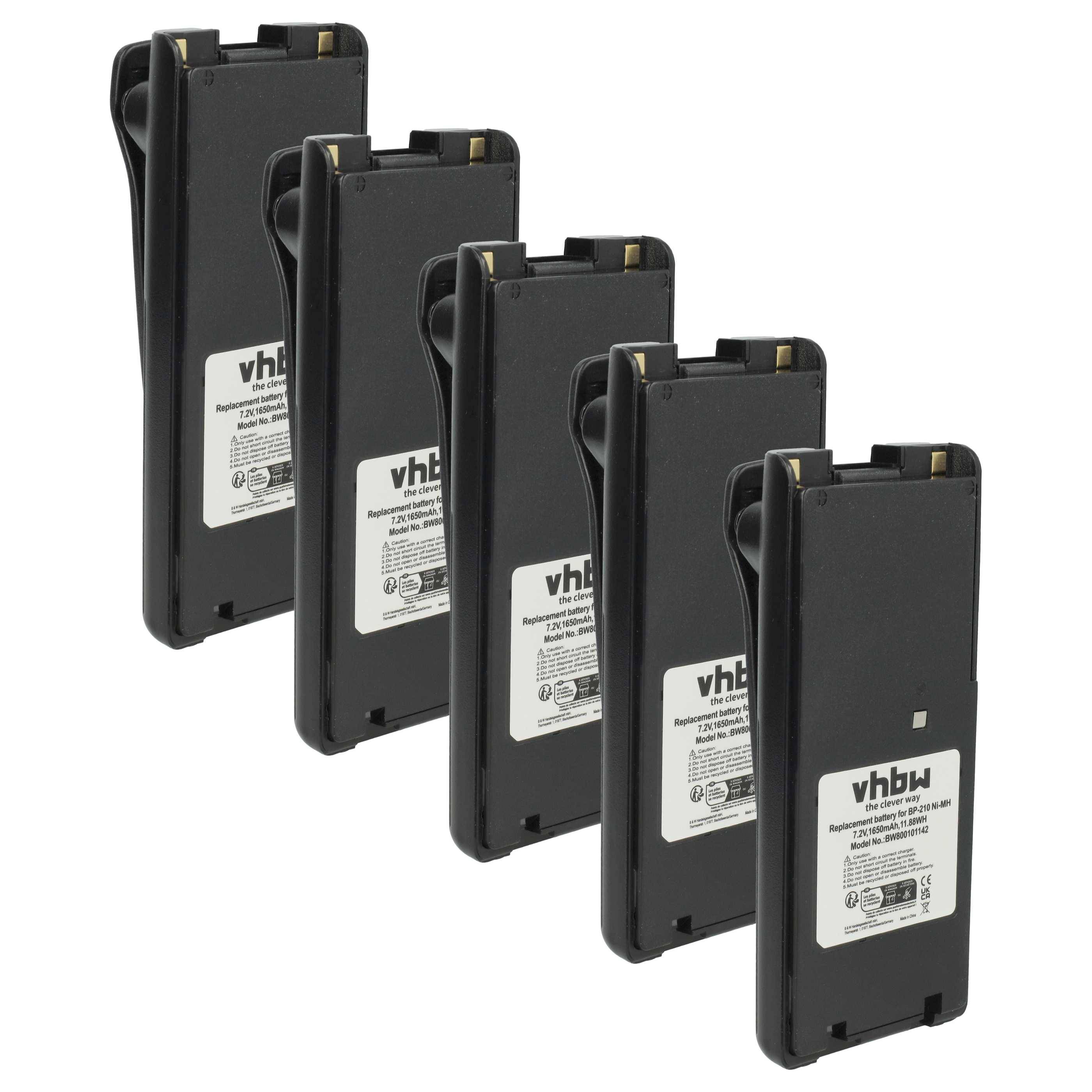 vhbw 5x Akku kompatibel mit Icom IC-F4GS, IC-F4GT, IC-F41GT, IC-U82, IC-V8 Funkgerät, Walkie Talkie (1650 mAh, 7,2 V, NiMH) + Gürtelclip