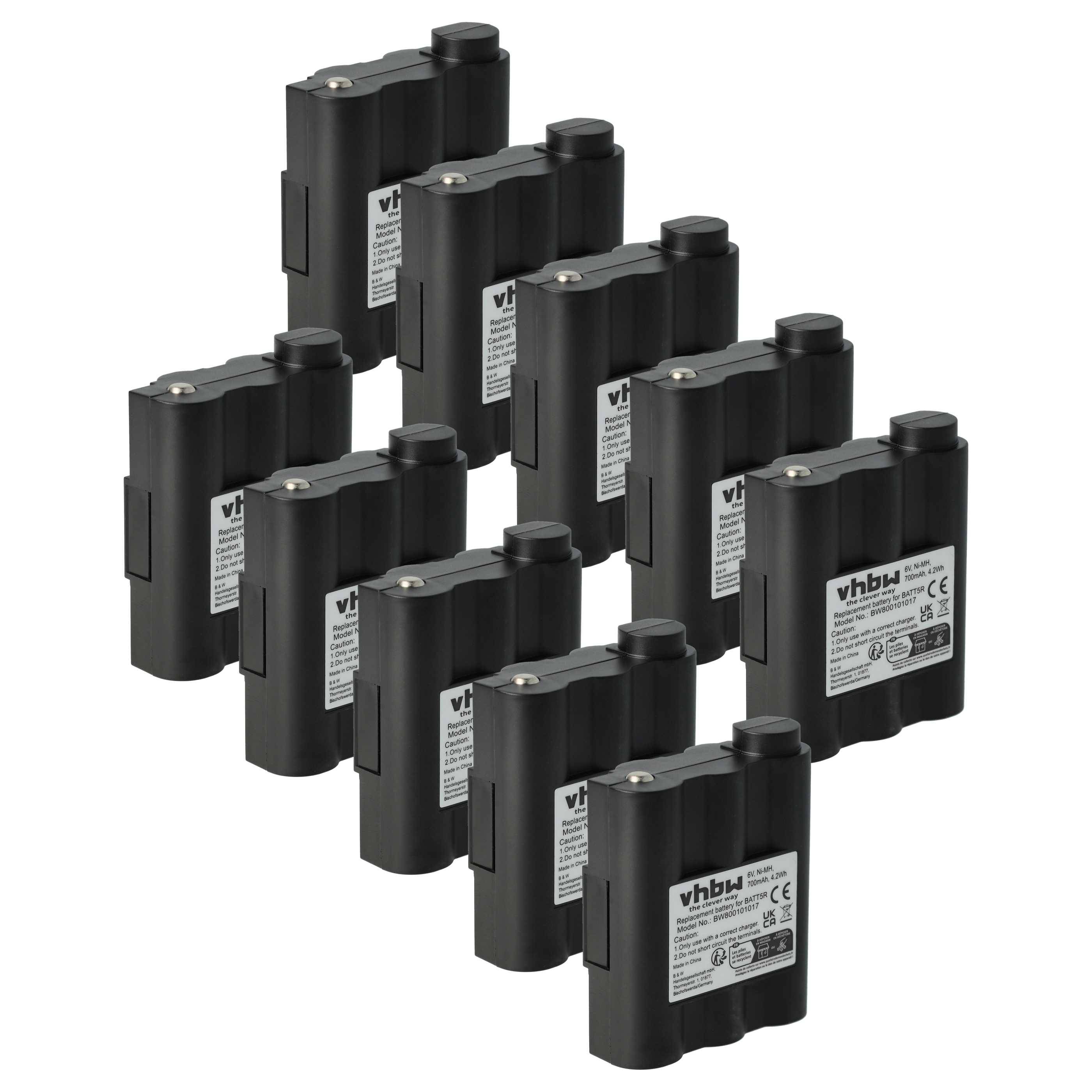 vhbw 10x Akku Ersatz für Alan / Midland BATT5R, PB-ATL/G7 für Funkgerät, Walkie Talkie (700 mAh, 6 V, NiMH)