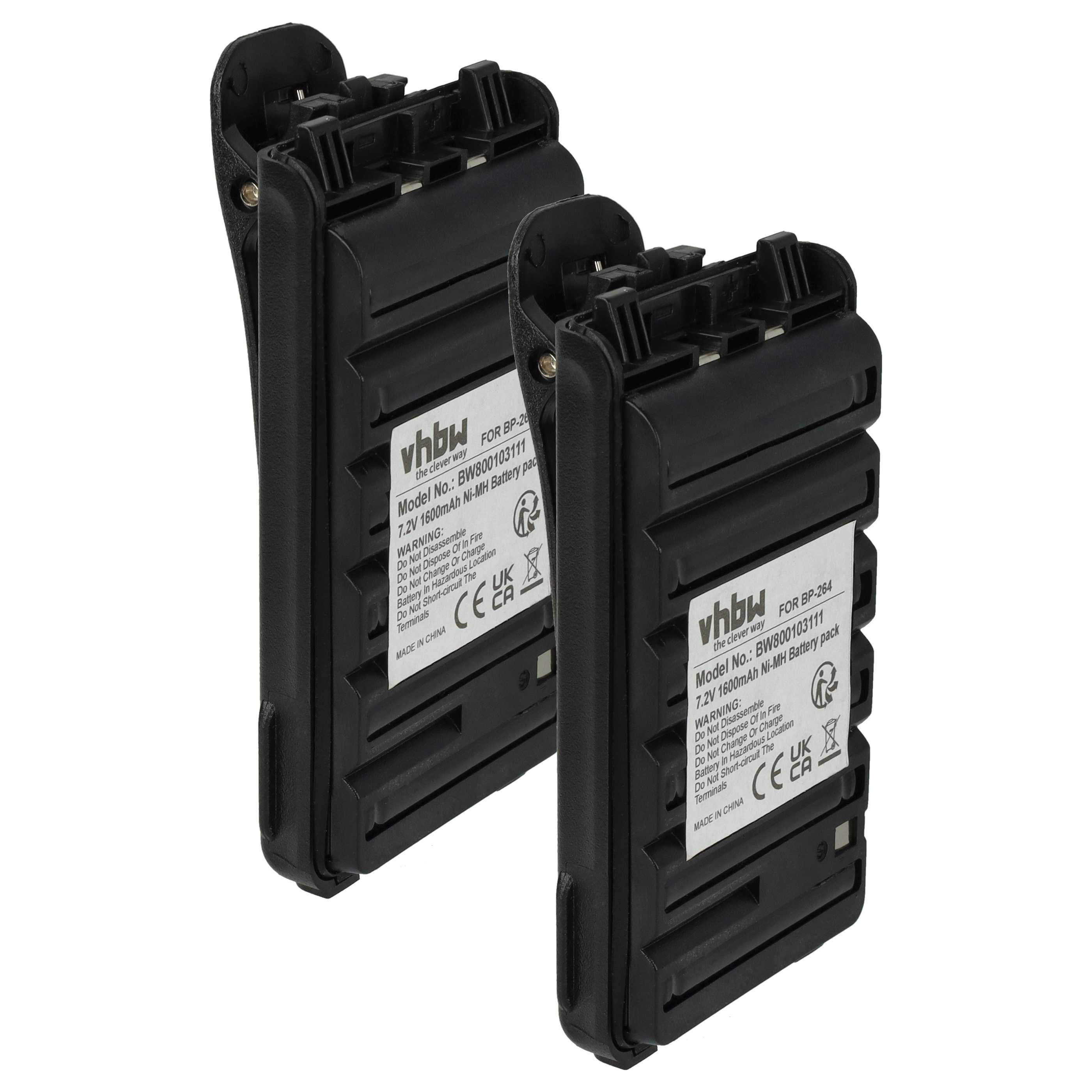vhbw 2x Akku Ersatz für Icom BP-264 für Funkgerät, Walkie Talkie (1600 mAh, 7,2 V, NiMH) + Gürtelclip
