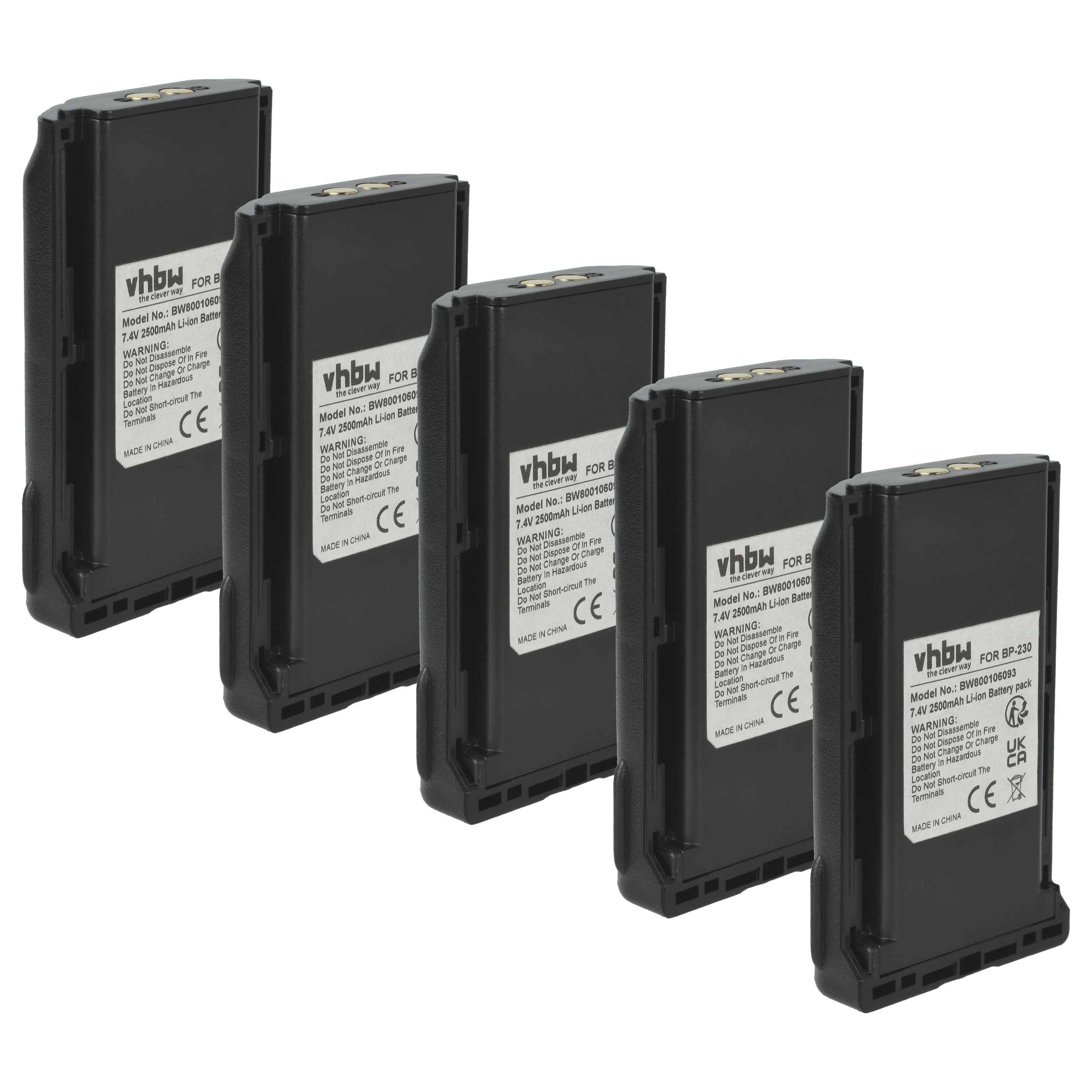 Fünf schwarze wiederaufladbare Batterien mit weißen Etiketten stehen aufrecht und zeigen technische Spezifikationen und Zertifizierungsmarkierungen.