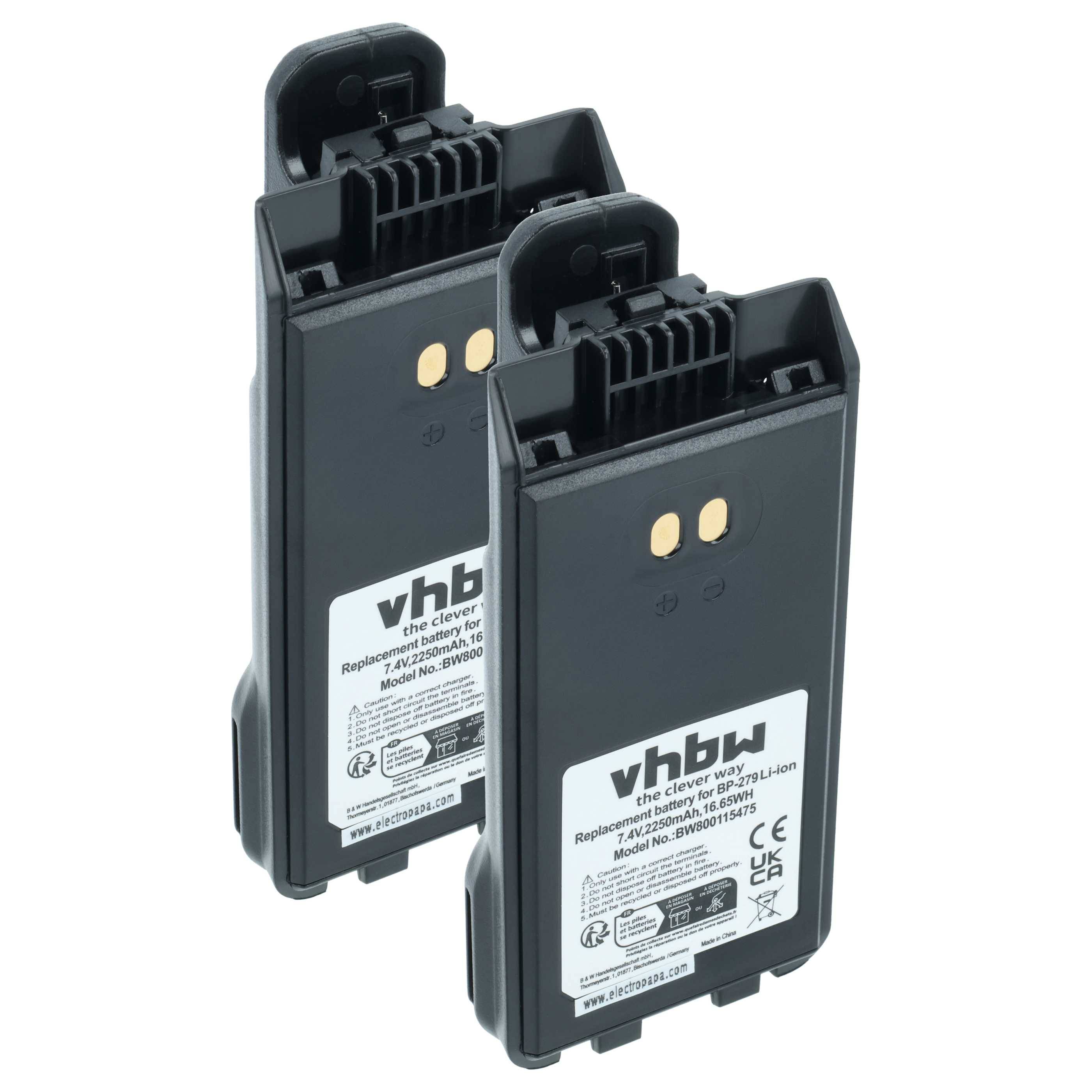 vhbw 2x Akku Ersatz für BearCom für Funkgerät, Walkie Talkie (2250 mAh, 7,4 V, Li-Ion) + Gürtelclip