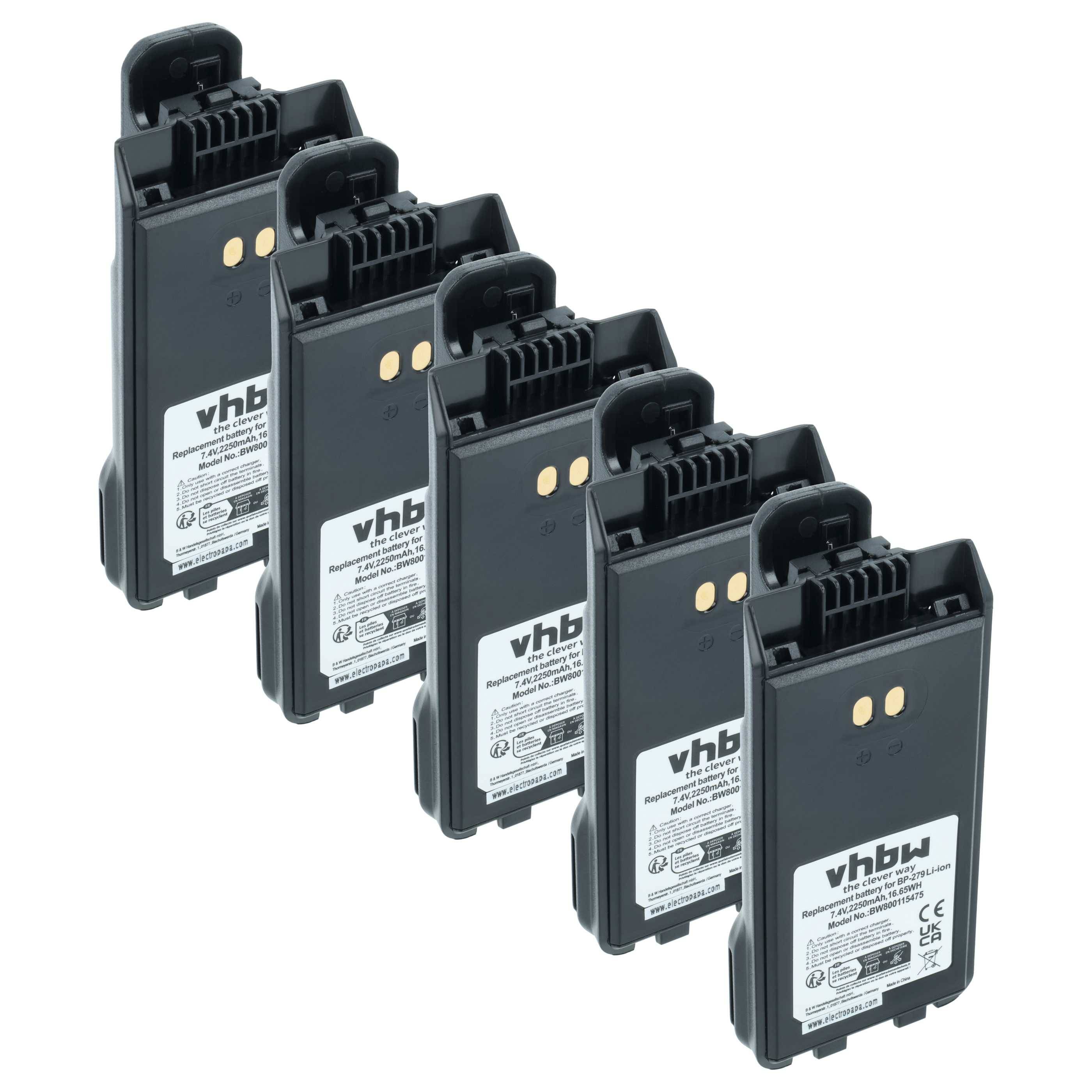 vhbw 5x Akku kompatibel mit Icom IC-F1000, IC-F1000D, IC-A16E, IC-A16 Funkgerät, Walkie Talkie (2250 mAh, 7,4 V, Li-Ion) + Gürtelclip