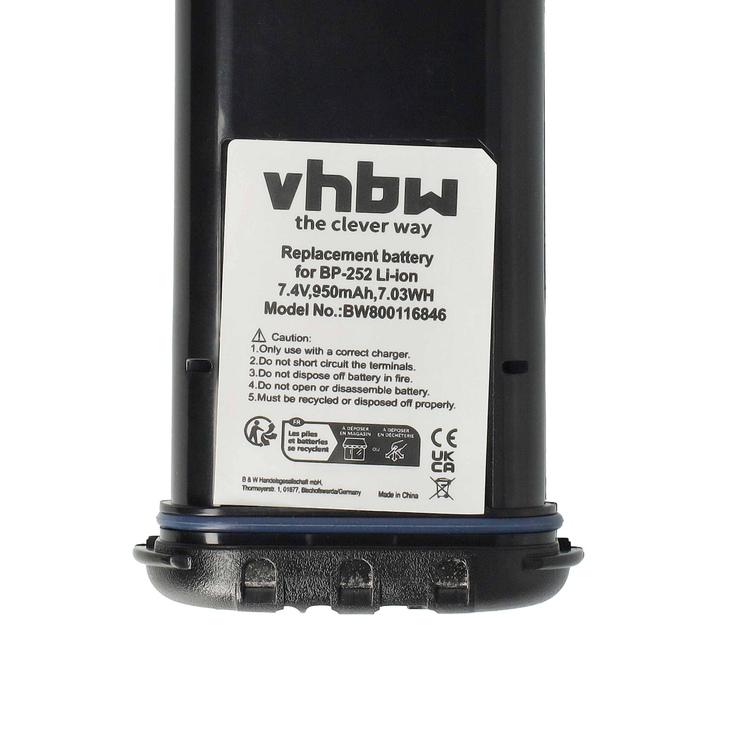 Eine schwarze vhbw Ersatzbatterie mit Etikett, das ihre Spezifikationen angibt: 7,4V, 950mAh, 7,03Wh, Modell BP-252. Hergestellt in China.