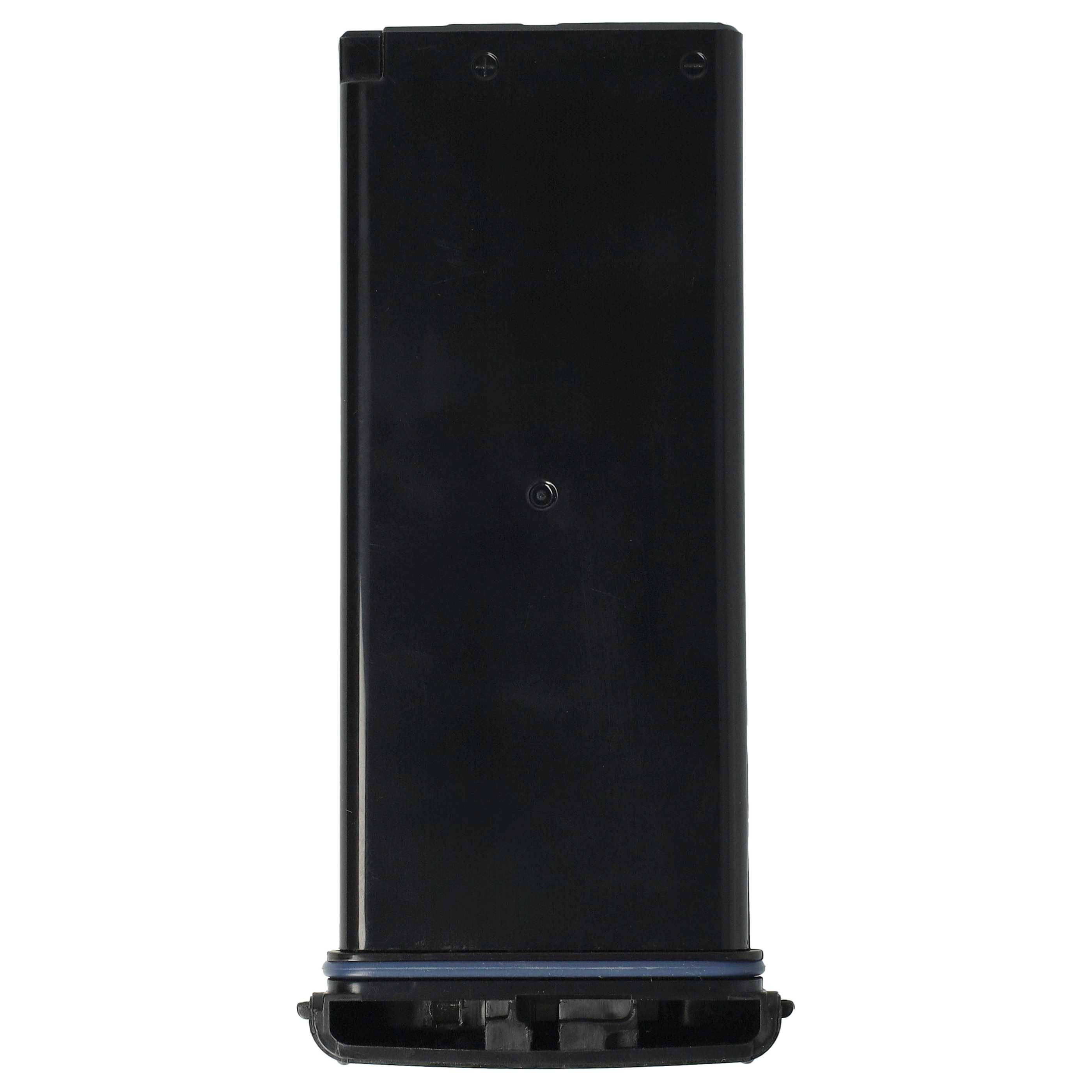 Ein schwarzer Kunststoff-Akkupack mit Anschlüssen an der Unterseite, der zur Stromversorgung elektronischer Geräte verwendet wird.