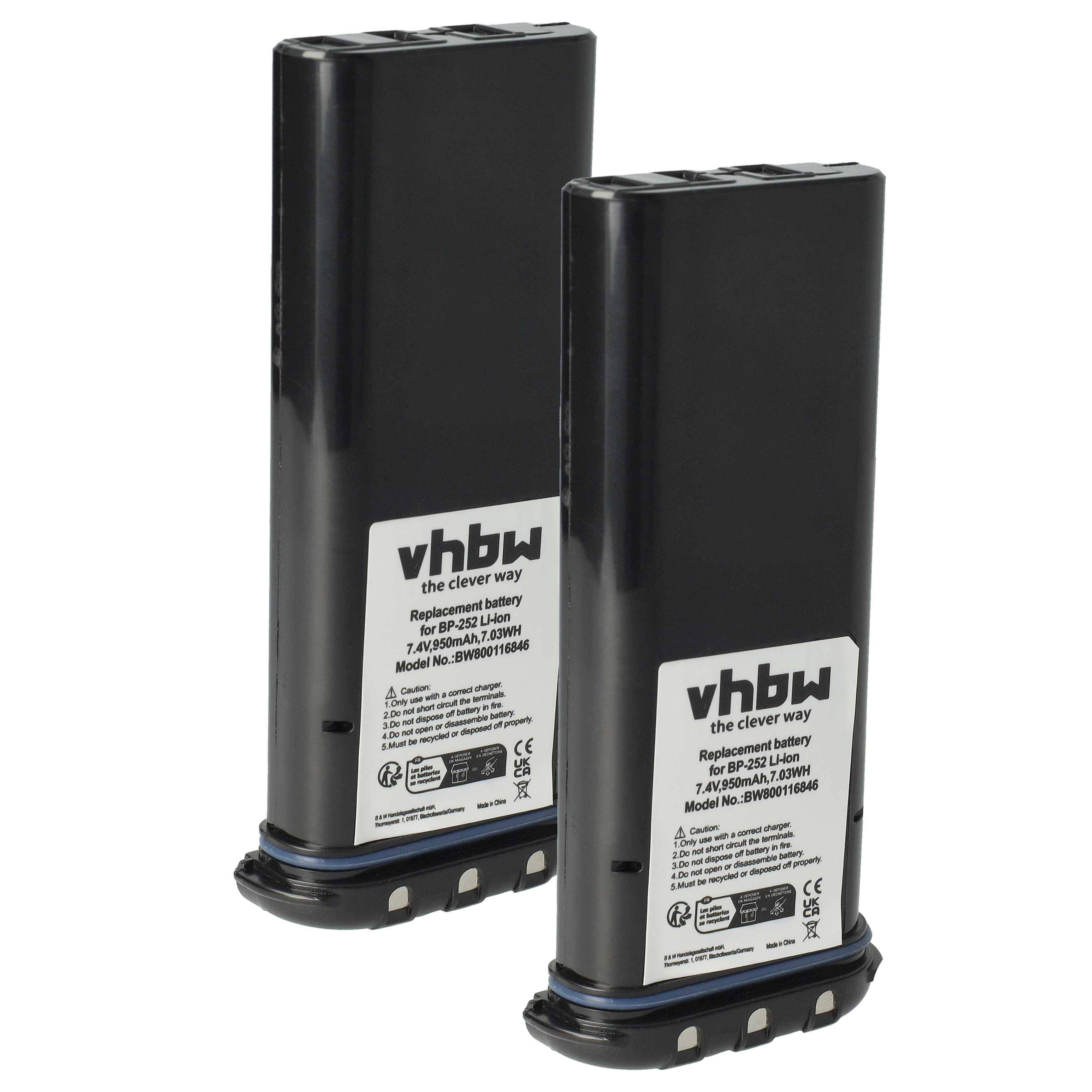 Zwei schwarze vhbw Batterien für 7,2V 2Ah Ni-MH-Geräte stehen vertikal nebeneinander. Etiketten zeigen Modellnummern und Markenlogo.