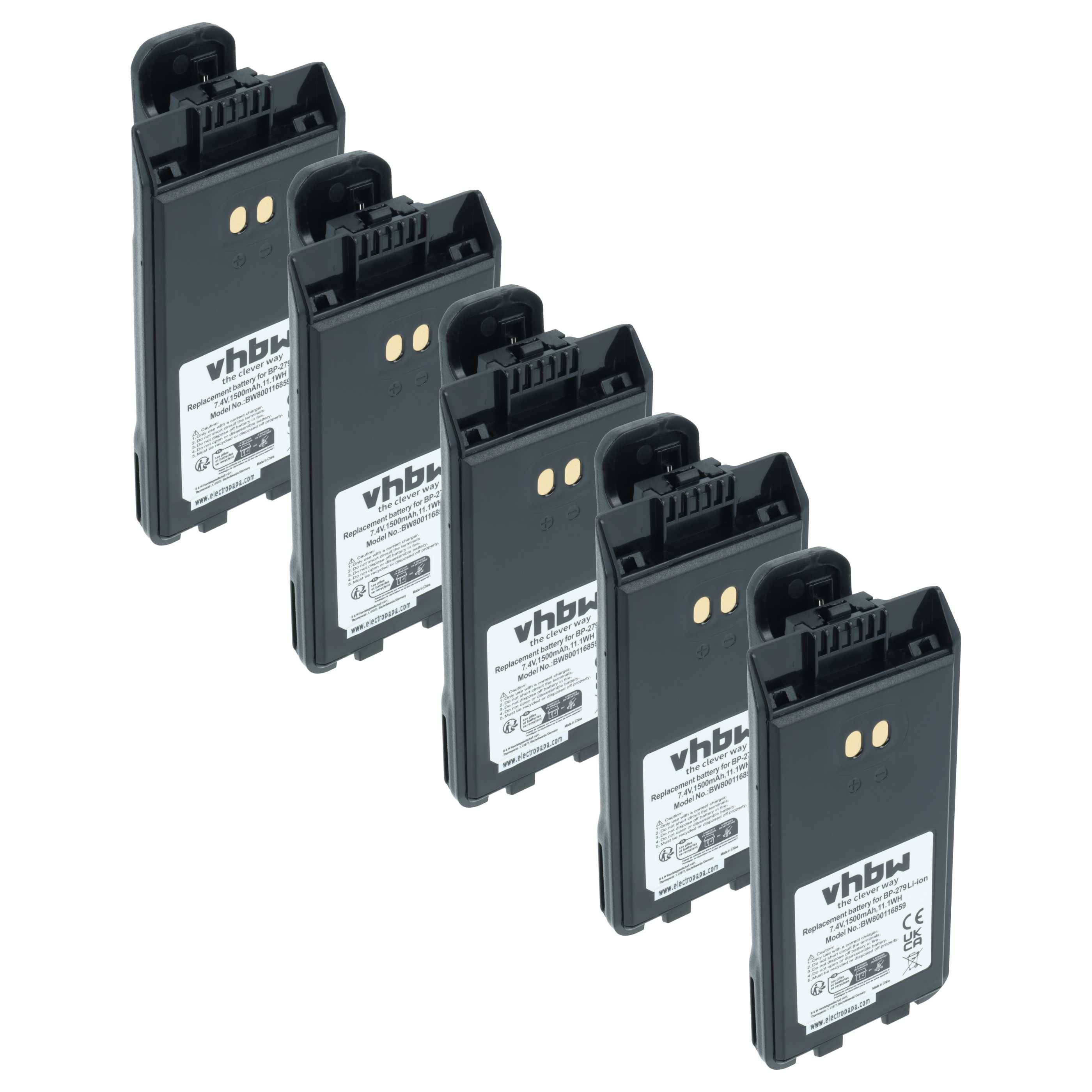 vhbw 5x Akku Ersatz für Icom BP-279, BP-280, BP-280LI für Funkgerät, Walkie Talkie (1500 mAh, 7,4 V, Li-Ion) + Gürtelclip