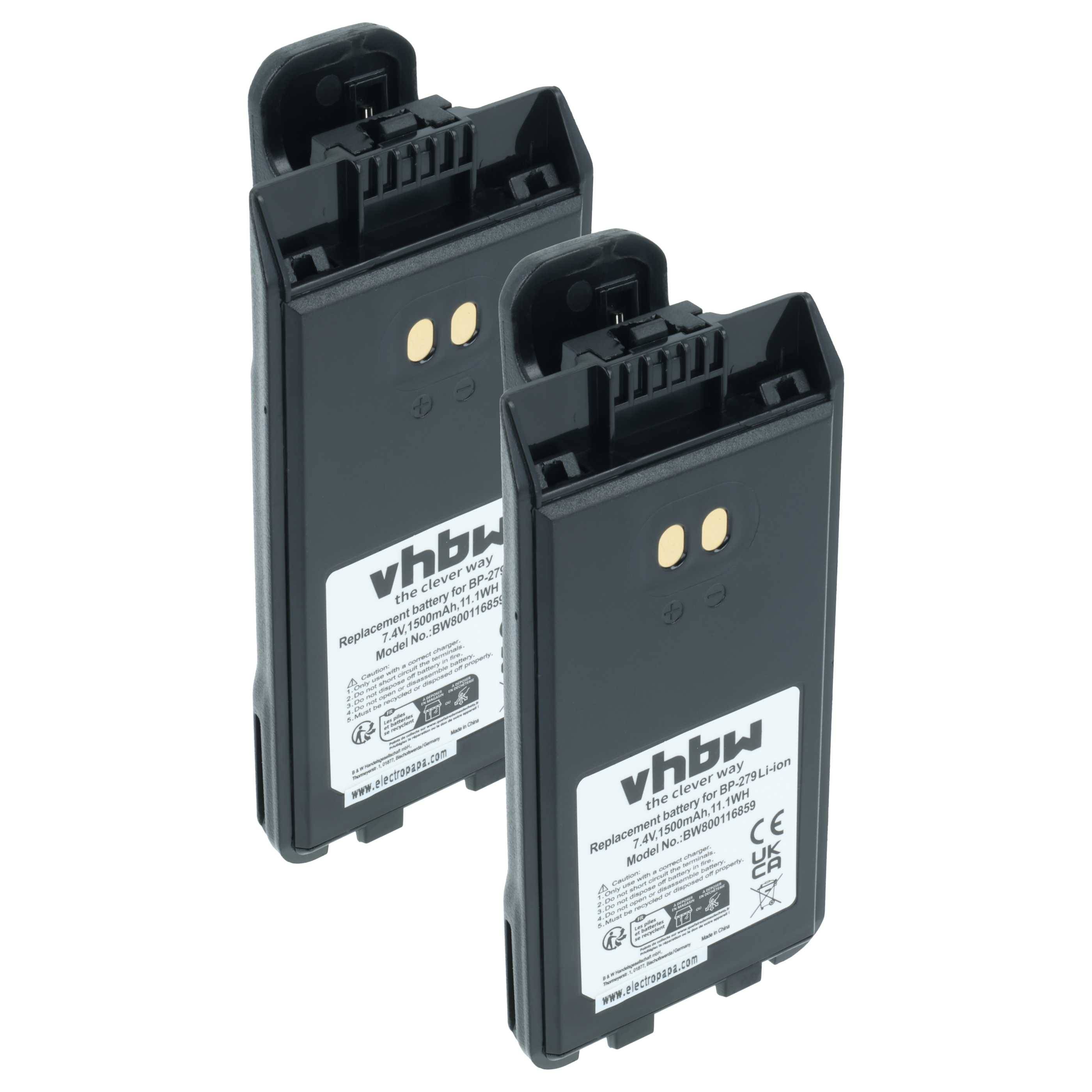 vhbw 2x Akku kompatibel mit Bearcom BC1000 Funkgerät, Walkie Talkie (1500 mAh, 7,4 V, Li-Ion) + Gürtelclip