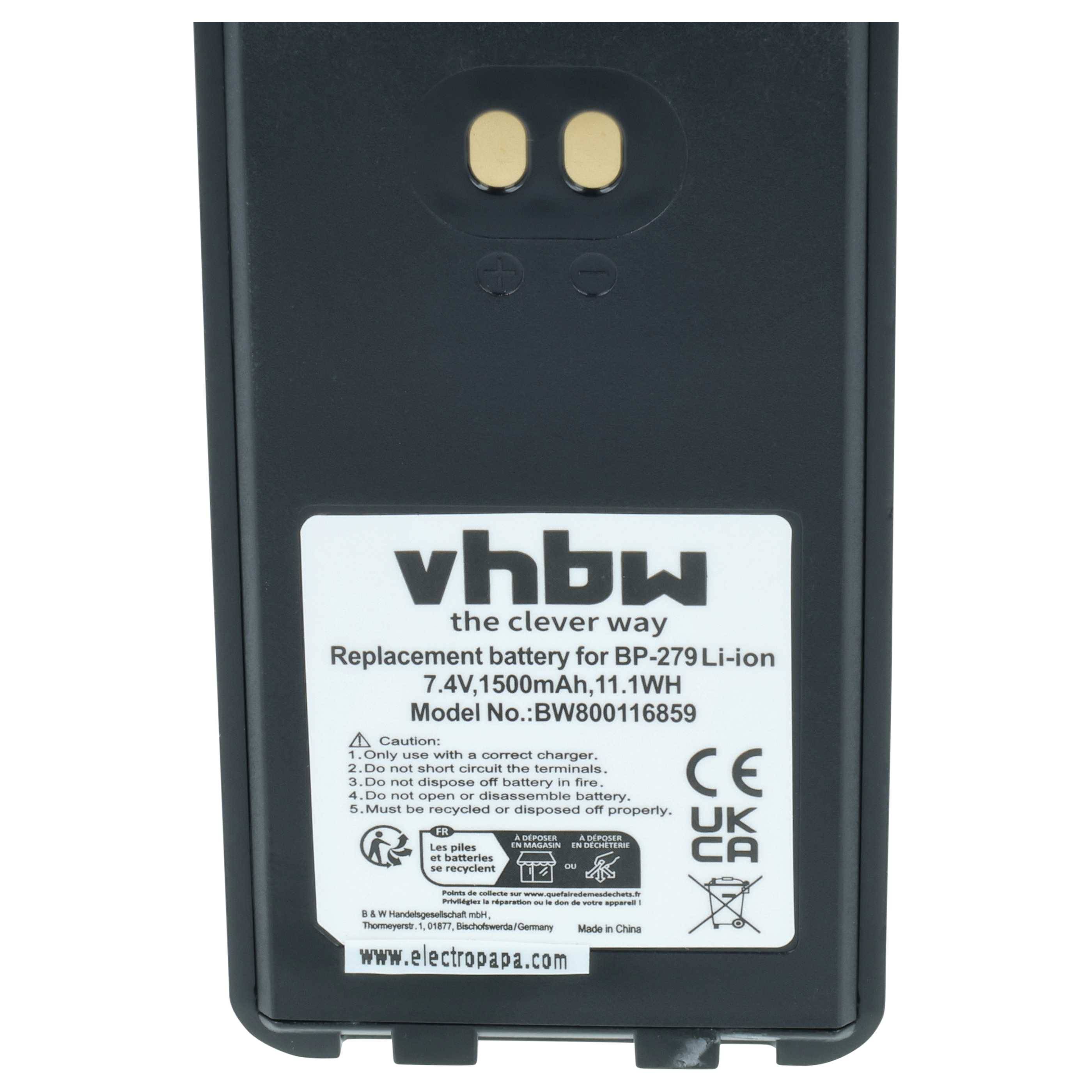 vhbw Akku kompatibel mit Bearcom BC1000 Funkgerät, Walkie Talkie (1500 mAh, 7,4 V, Li-Ion) + Gürtelclip