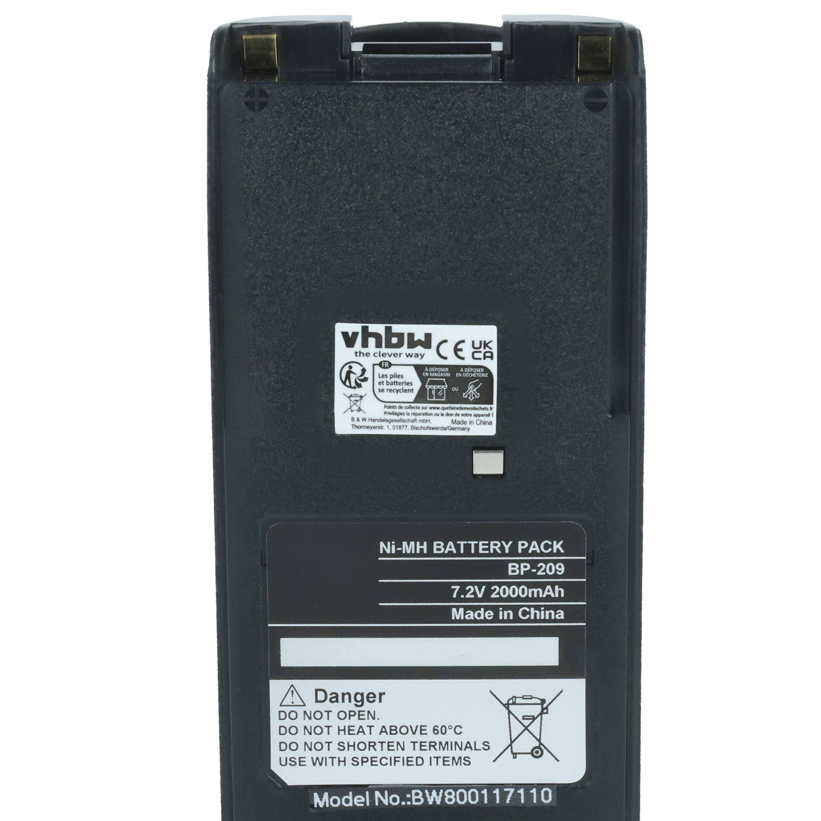 Ein Akkupack mit der Beschriftung 'Ni-MH Akkupack BP-209, 7,2V, 2000mAh, Made in China'. Warnhinweise und Herstellerangaben sind sichtbar.