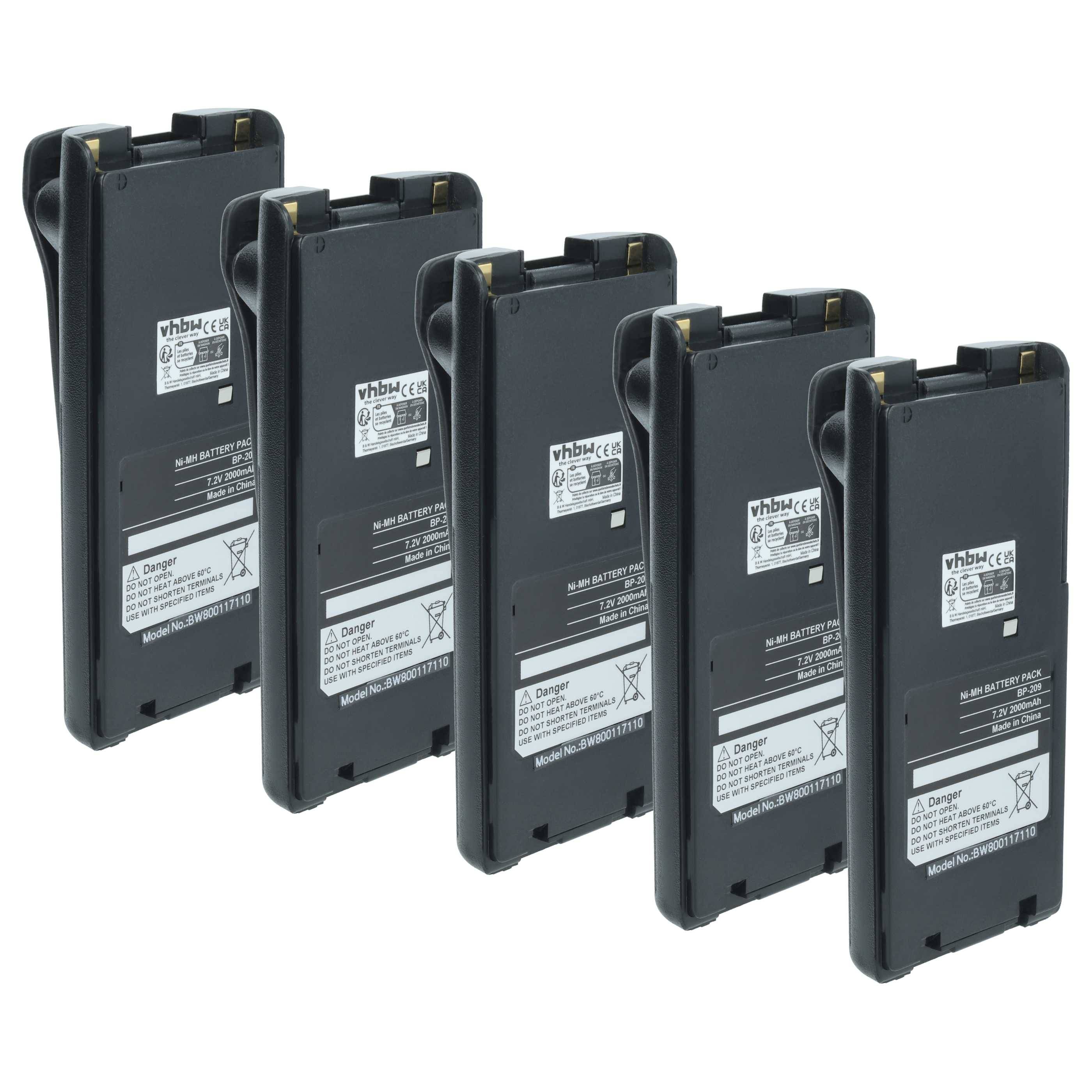 vhbw 5x Akku kompatibel mit Icom IC-F21BR, IC-F12S, IC-F21, IC-F22, IC-F22S, IC-F21GM, IC-F21S Funkgerät, Walkie Talkie (2000 mAh, 7,2 V, NiMH)